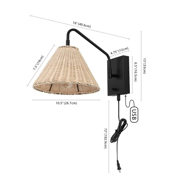 Safavieh Tressa, 16 Inch, Natural/Black, Rattan/Iron Wall Sconce Set Of 2 W/ Usb Port Set Of 2 - Black - Image 2