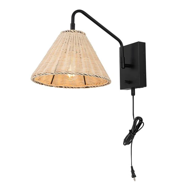 Safavieh Tressa, 16 Inch, Natural/Black, Rattan/Iron Wall Sconce Set Of 2 W/ Usb Port Set Of 2 - Black - Image 3