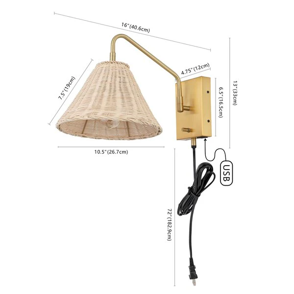 Safavieh Tressa, 16 Inch, Natural/Brass, Rattan/Iron Wall Sconce Set Of 2 W/ Usb Port Set Of 2 - Brass - Image 2