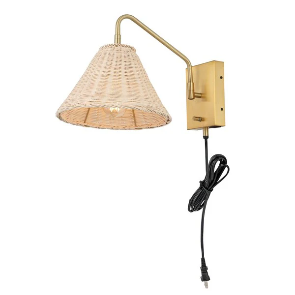 Safavieh Tressa, 16 Inch, Natural/Brass, Rattan/Iron Wall Sconce Set Of 2 W/ Usb Port Set Of 2 - Brass - Image 3