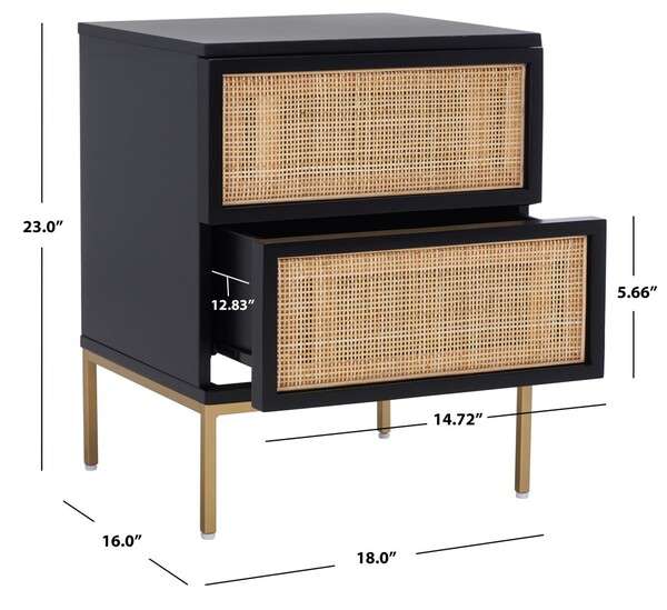 Safavieh Zadie 2 Drawer Rattan Nightstand - Black With Natural Rattan With Gold Legs - Image 4