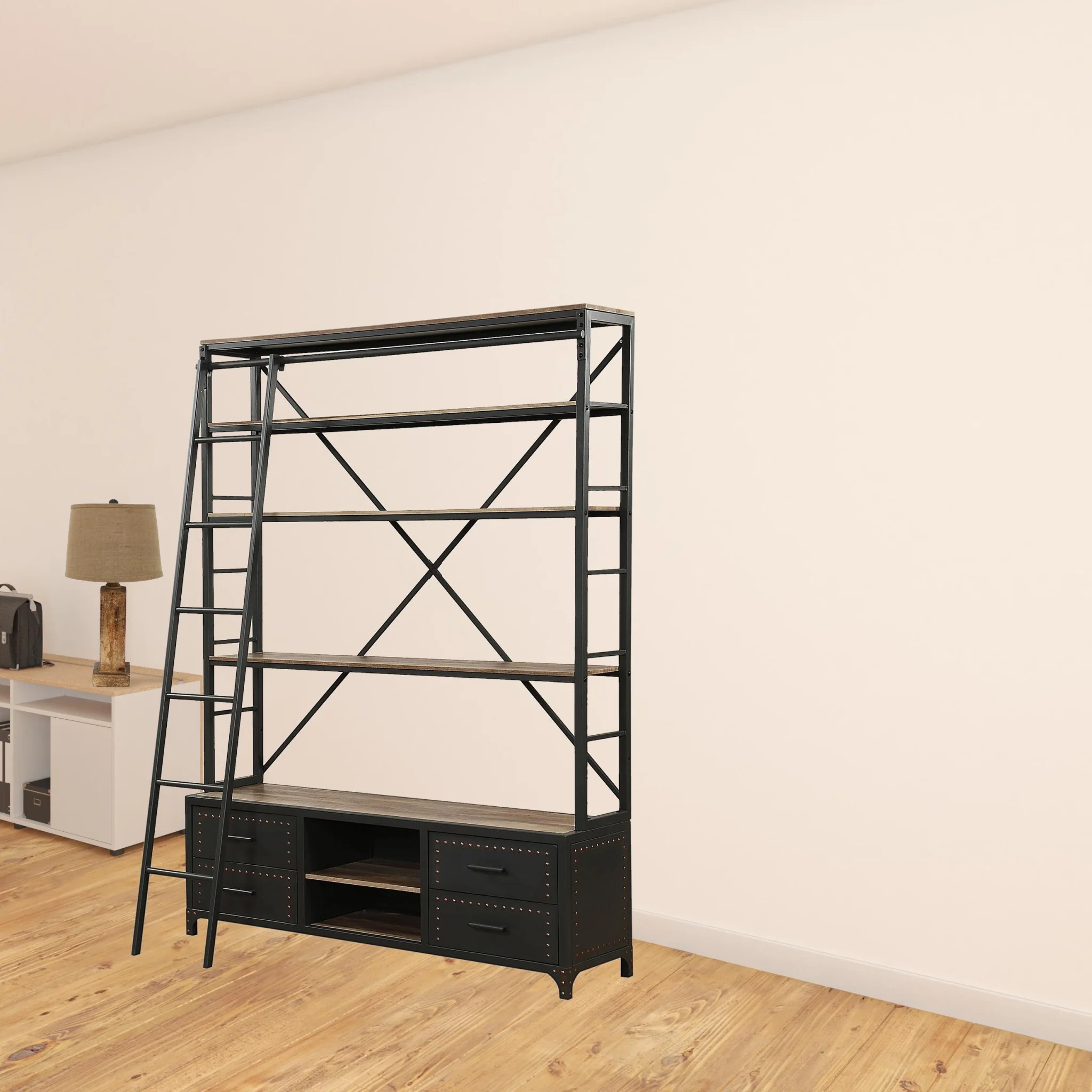 Sandy Gray Metal Tube Bookcase With Ladder By Homeroots - Image 2