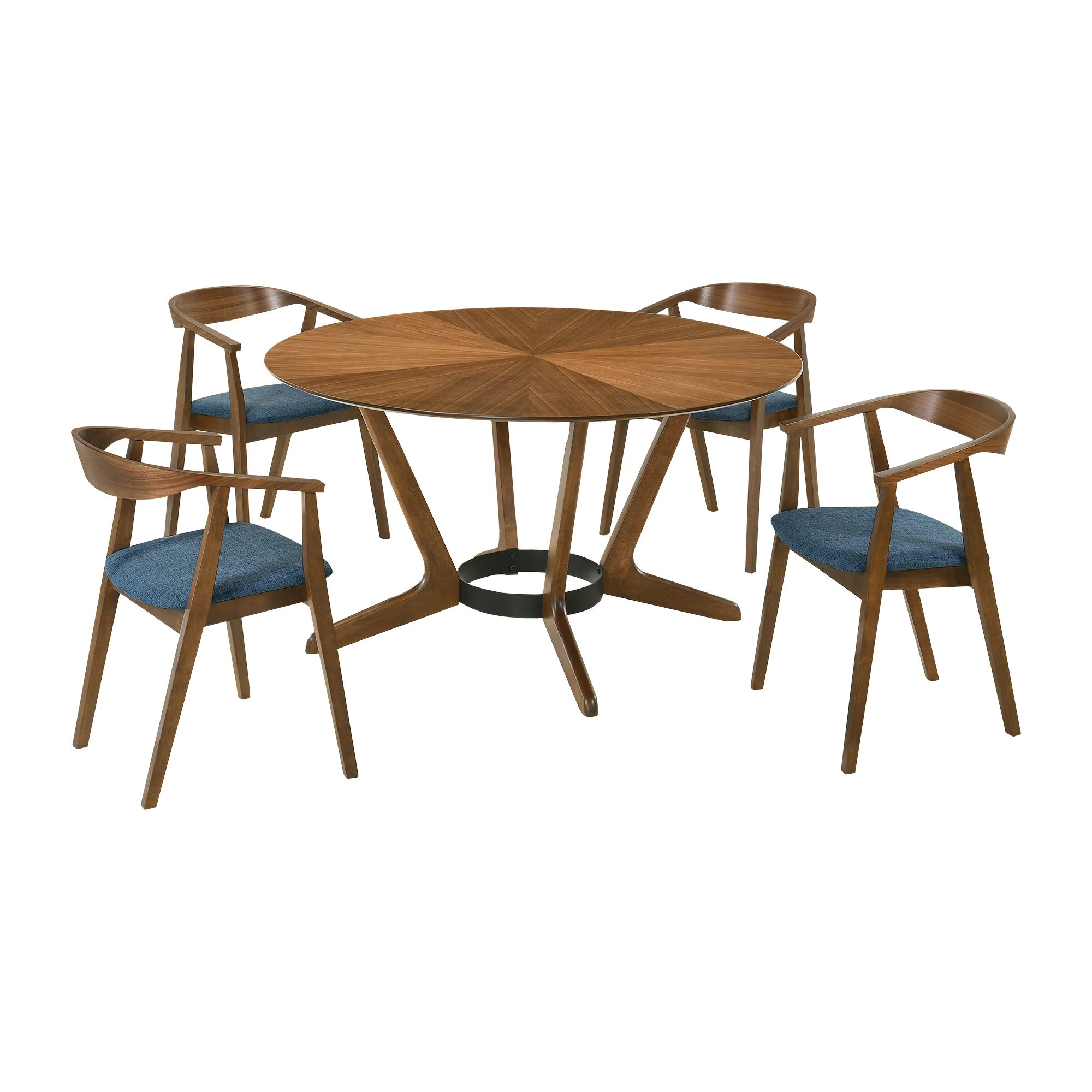 Santana 5 Piece Round Walnut Wood Dining Table Set with Blue Fabric By Armen Living - Image 2