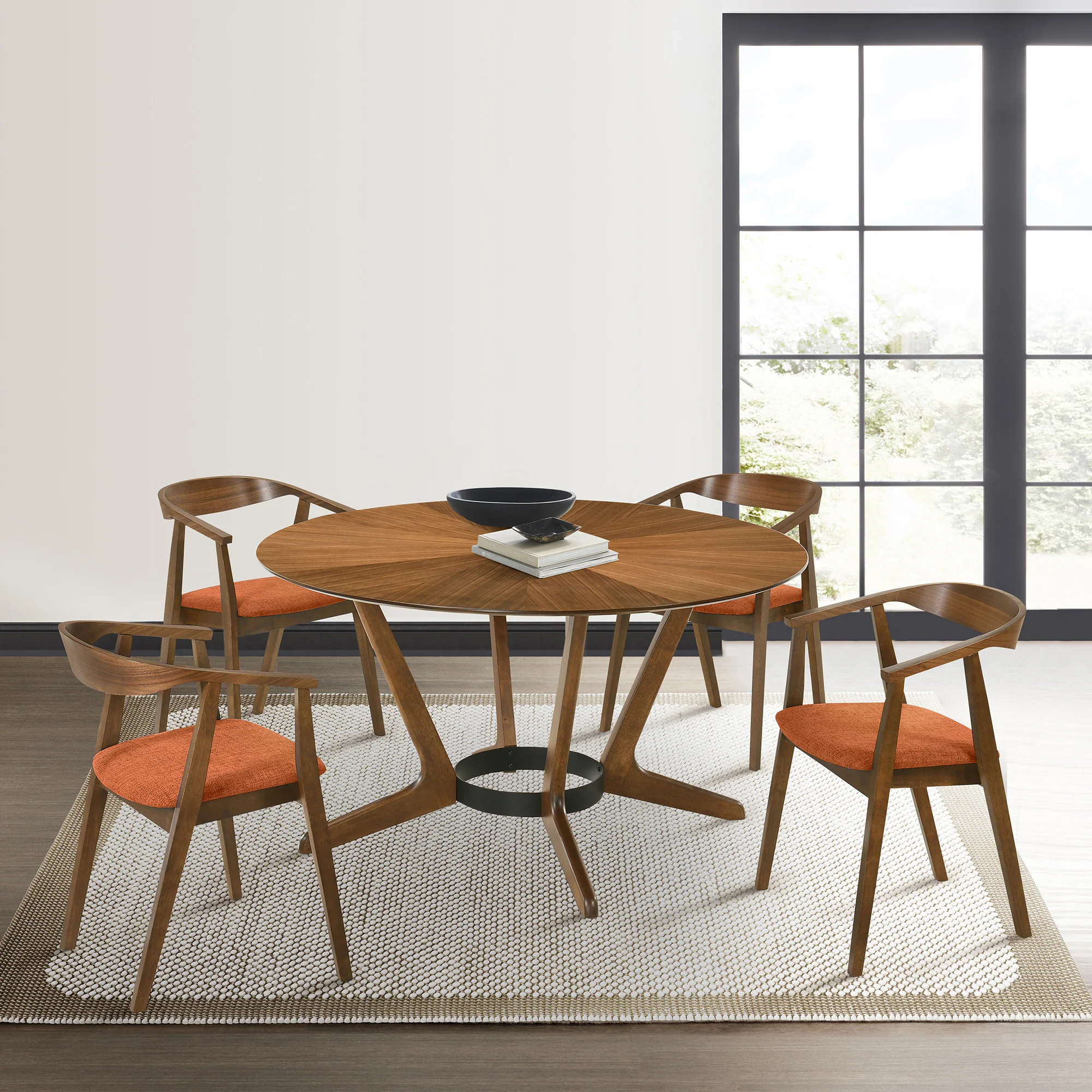 Santana 5 Piece Round Walnut Wood Dining Table Set with Blue Fabric By Armen Living - Image 23