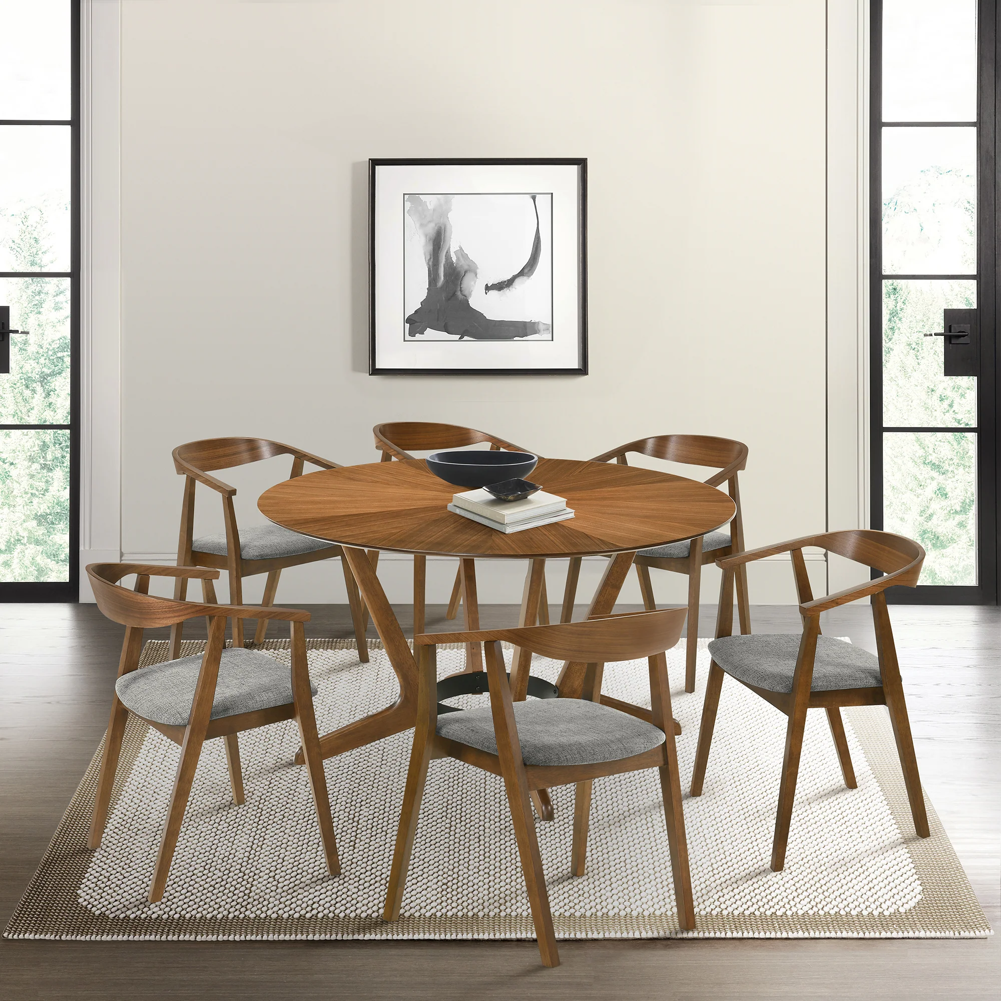 Santana 7 Piece Round Walnut Wood Dining Table Set with Blue Fabric By Armen Living - Image 12