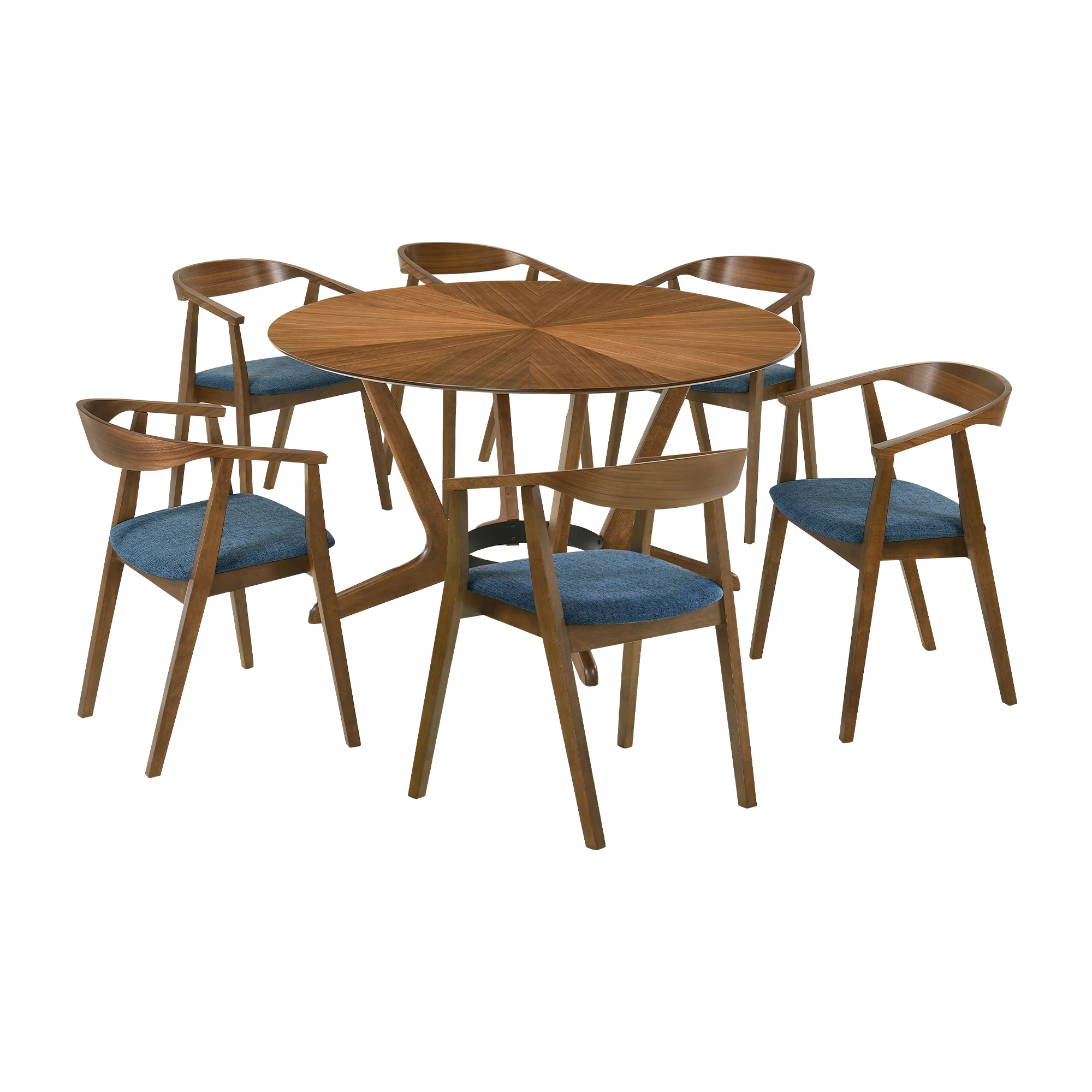 Santana 7 Piece Round Walnut Wood Dining Table Set with Blue Fabric By Armen Living - Image 2