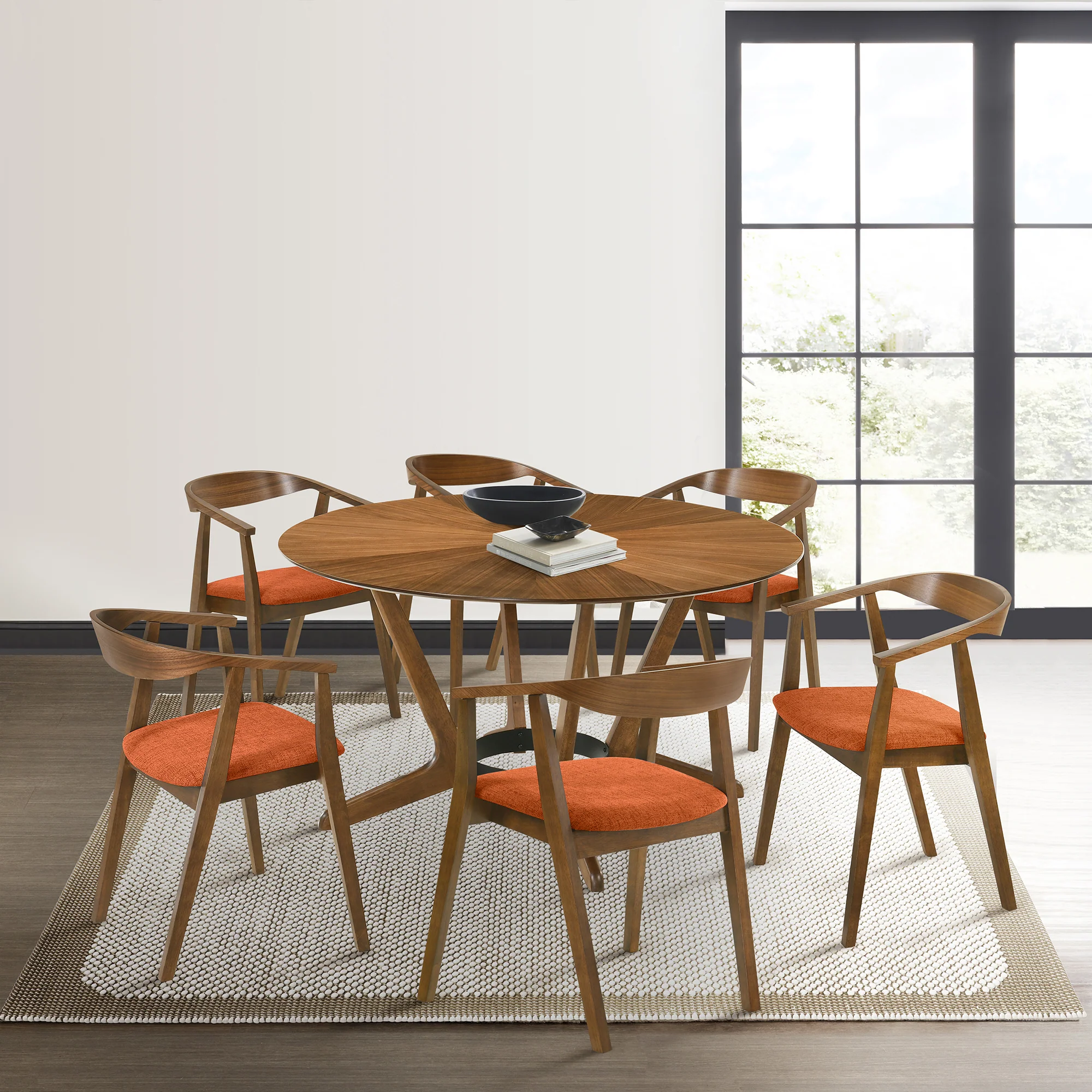Santana 7 Piece Round Walnut Wood Dining Table Set with Blue Fabric By Armen Living - Image 23