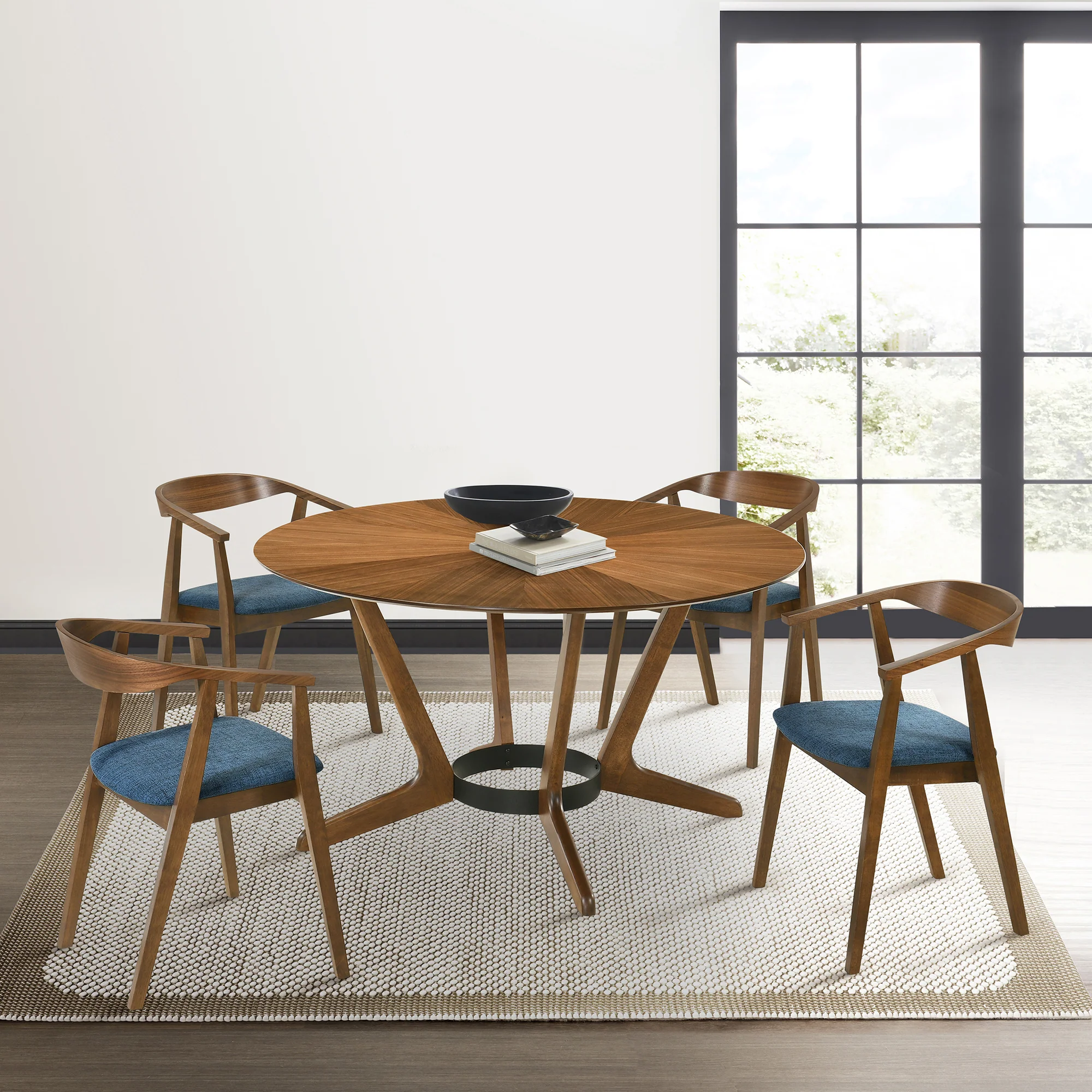 Santana Wood Dining Chair in Walnut Finish with Blue Fabric - Set of 2 By Armen Living - Image 2