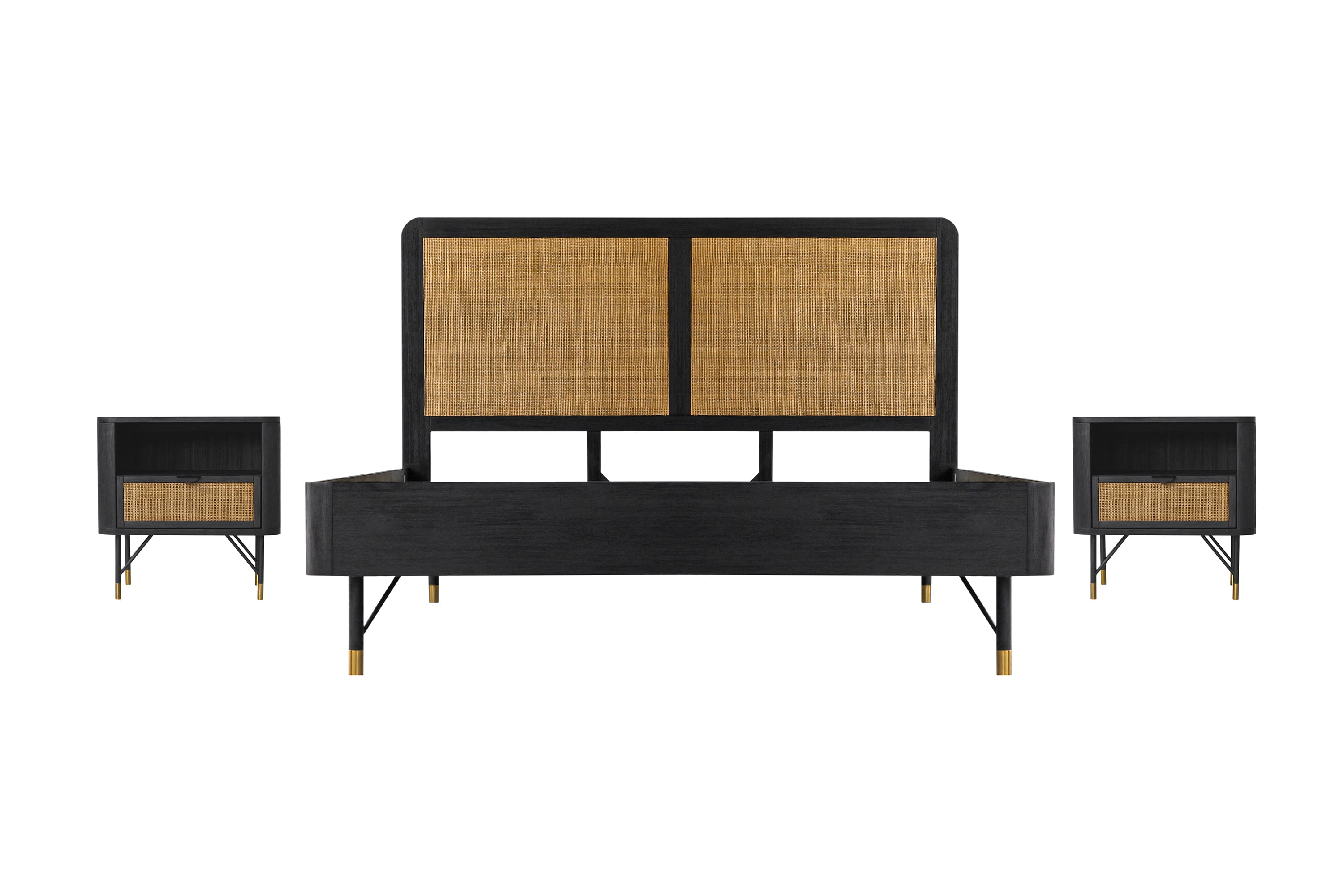 Saratoga 3 Piece King Bedroom Set in Black Acacia Wood and Rattan By Armen Living - Image 2