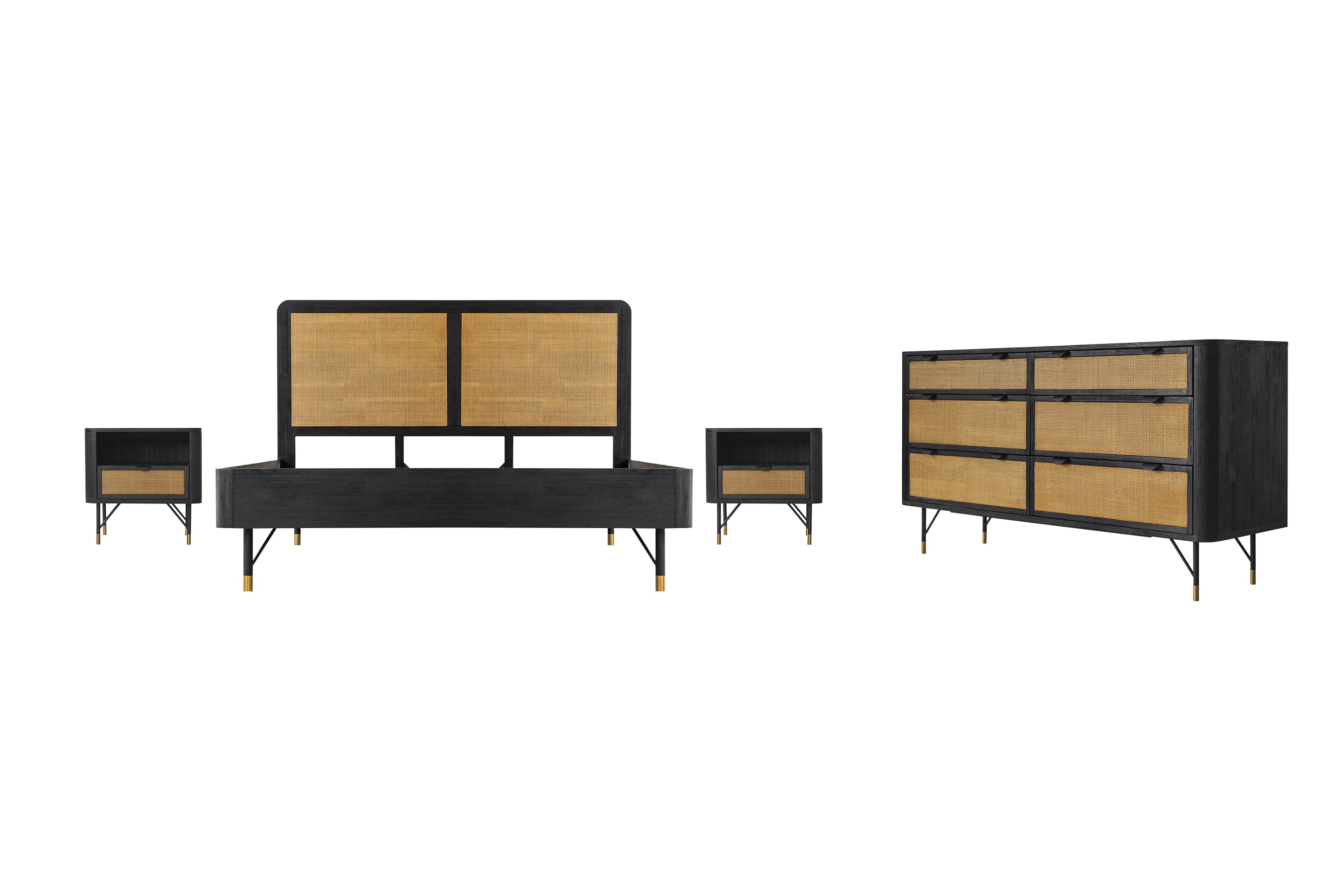 Saratoga 4 Piece King Bedroom Set in Black Acacia Wood and Rattan By Armen Living - Image 2