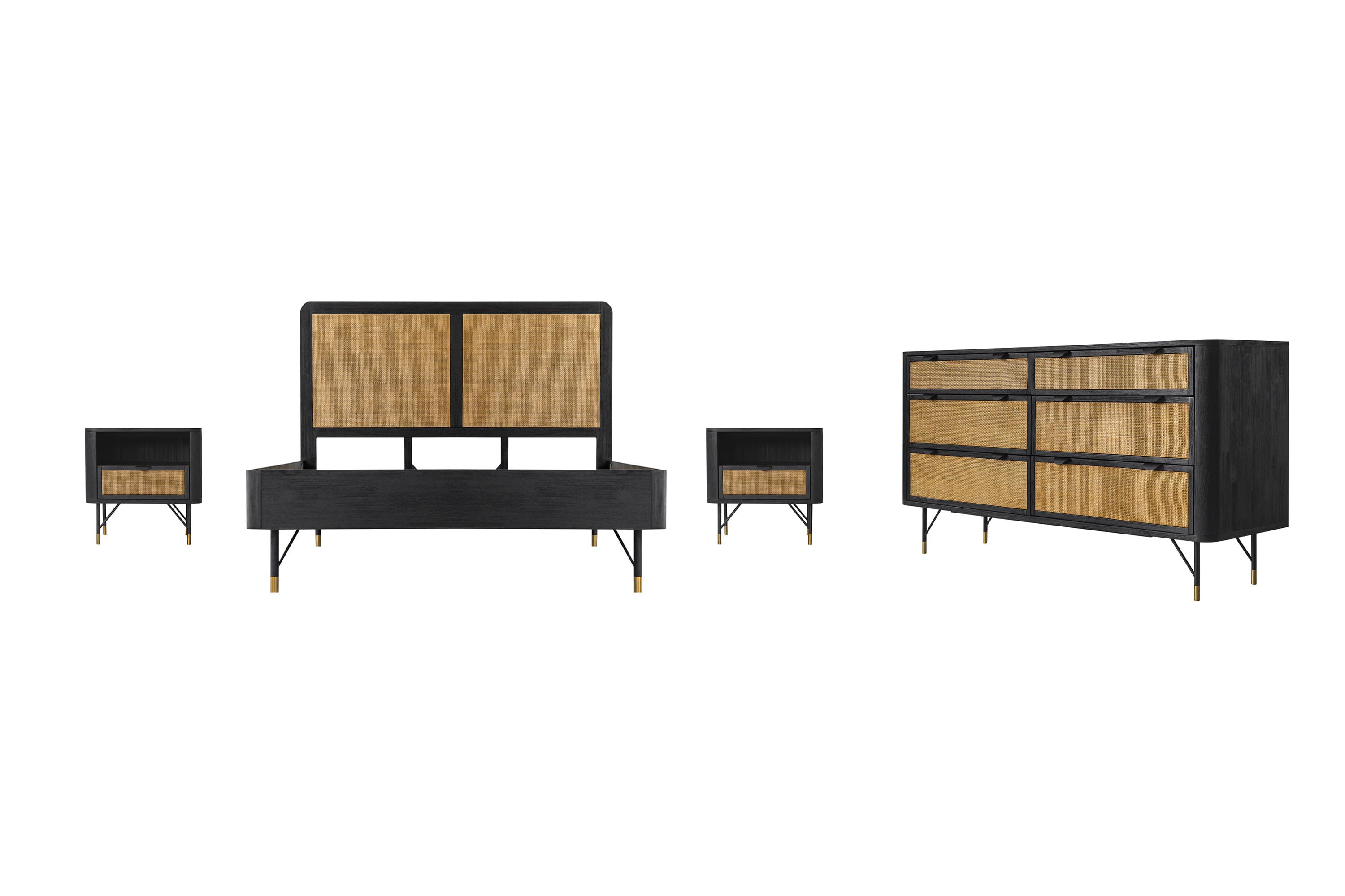 Saratoga 4 Piece Queen Bedroom Set in Black Acacia Wood and Rattan By Armen Living - Image 2