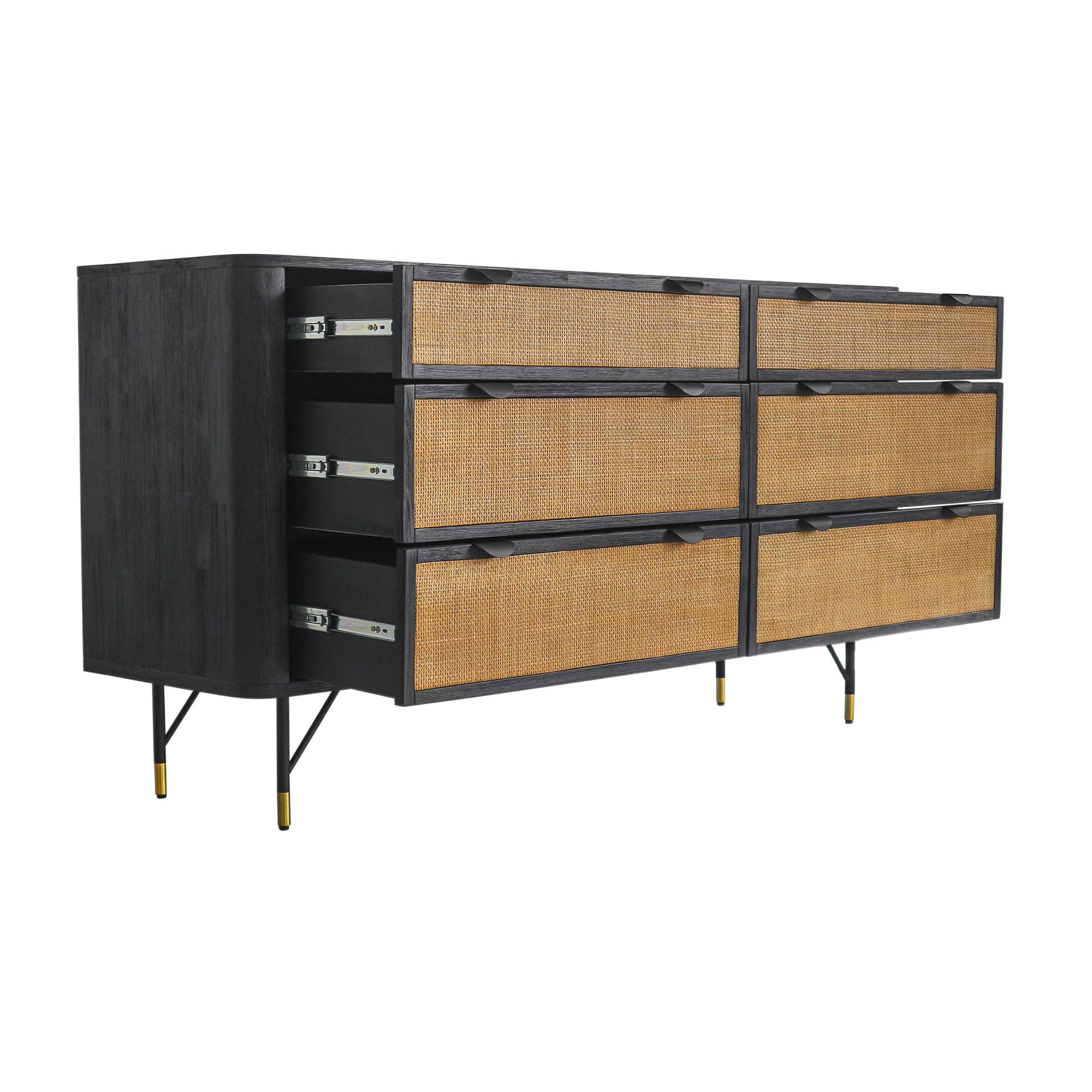 Saratoga 4 Piece Queen Bedroom Set in Black Acacia Wood and Rattan By Armen Living - Image 6
