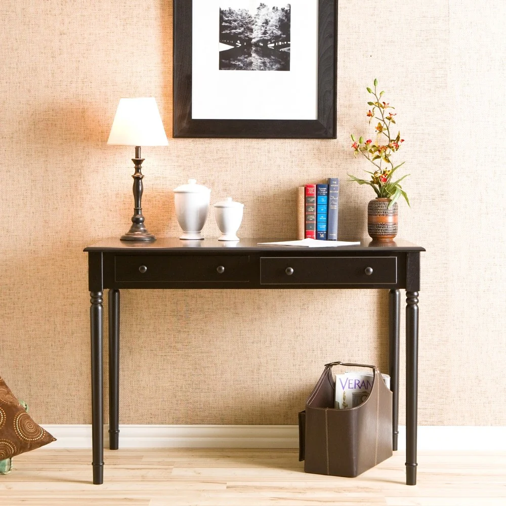 Satin Black Desk with Drawers By Homeroots - Image 3