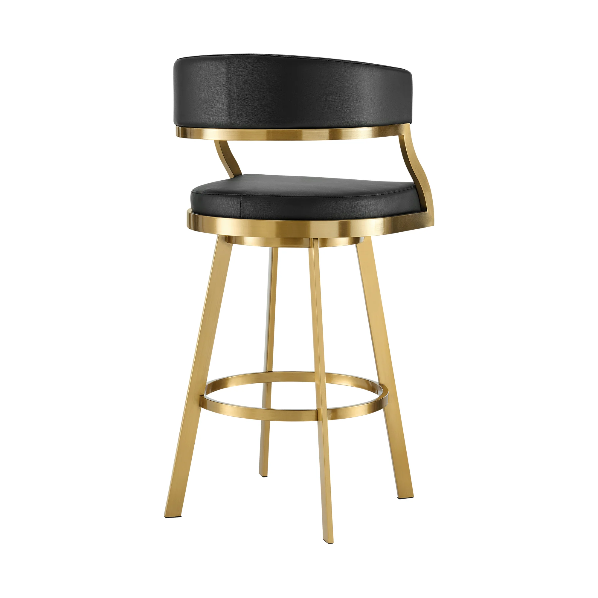 Saturn 26" Swivel Counter Stool with Gold Brushed Stainless Steel and Black Faux Leather By Armen Living - Image 4