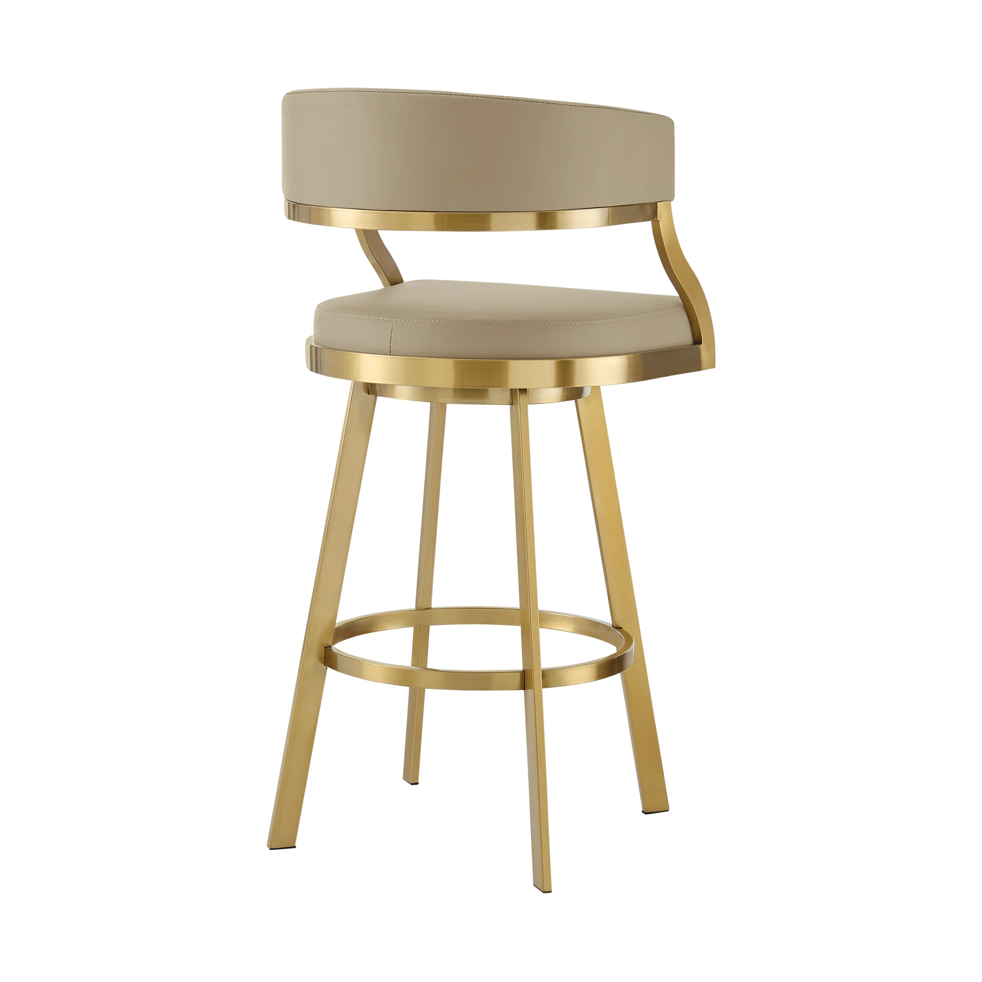 Saturn 26" Swivel Counter Stool with Gold Brushed Stainless Steel and Light Sand Faux Leather By Armen Living - Image 4