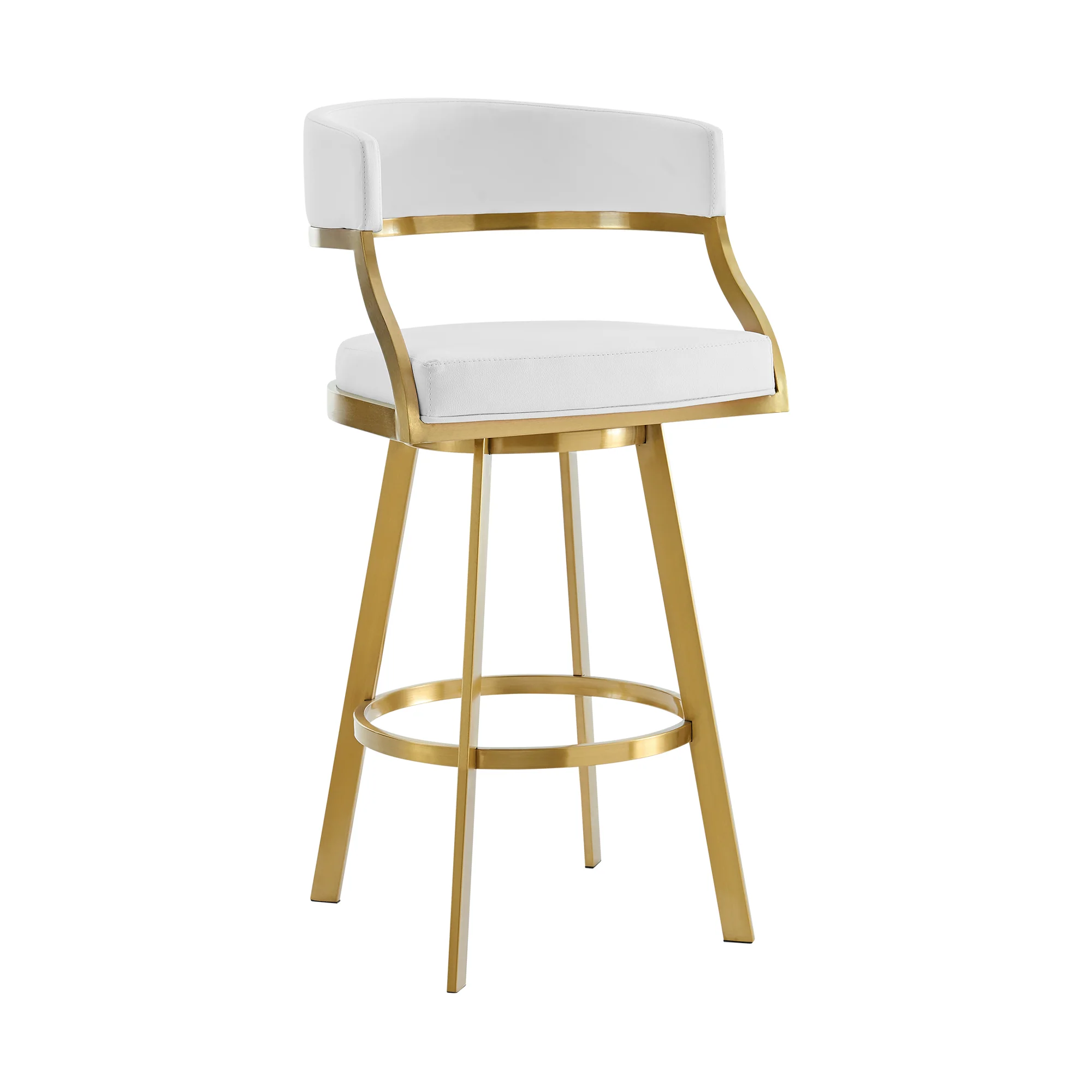 Saturn 26" Swivel Counter Stool with Gold Brushed Stainless Steel and White Faux Leather By Armen Living - Image 2