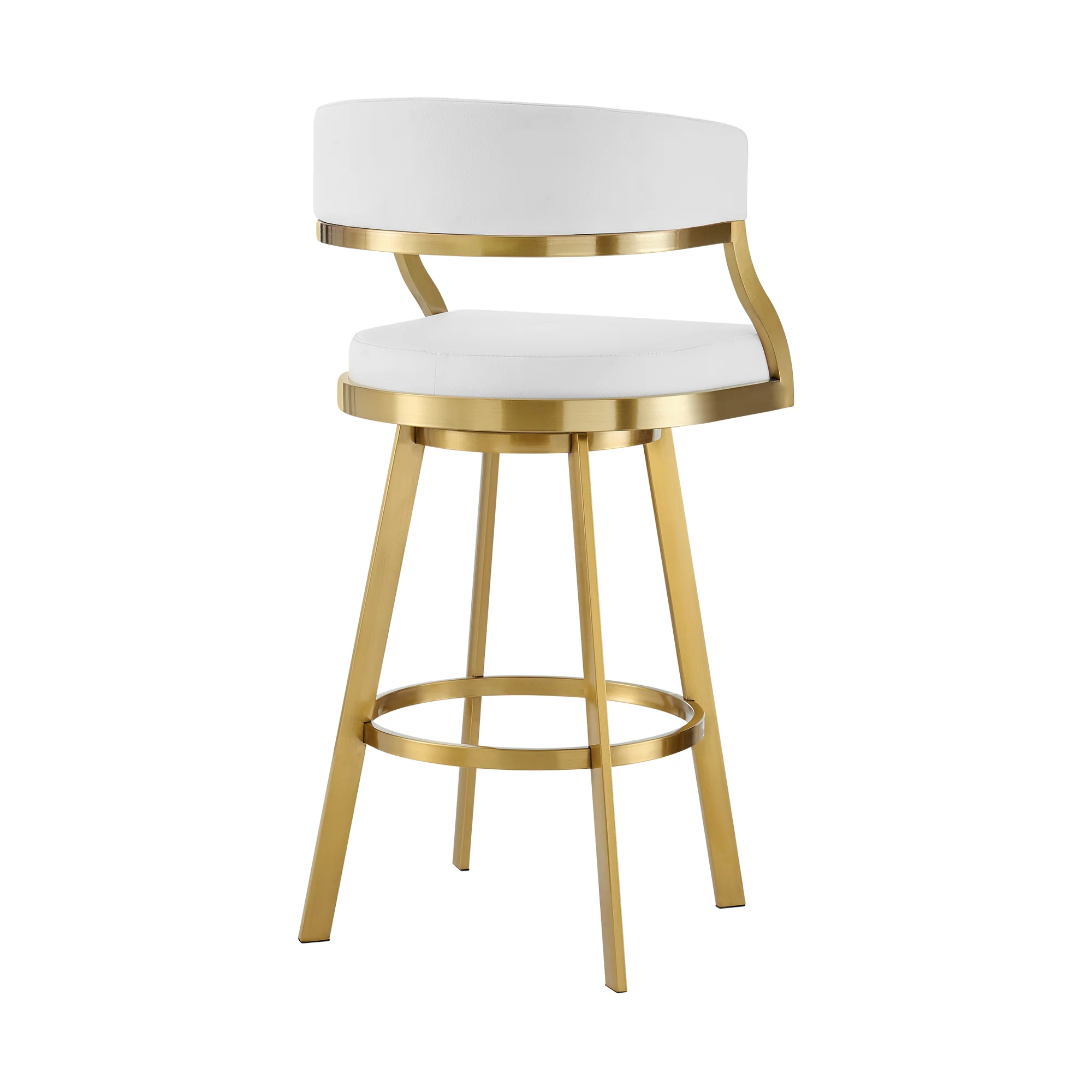 Saturn 26" Swivel Counter Stool with Gold Brushed Stainless Steel and White Faux Leather By Armen Living - Image 4