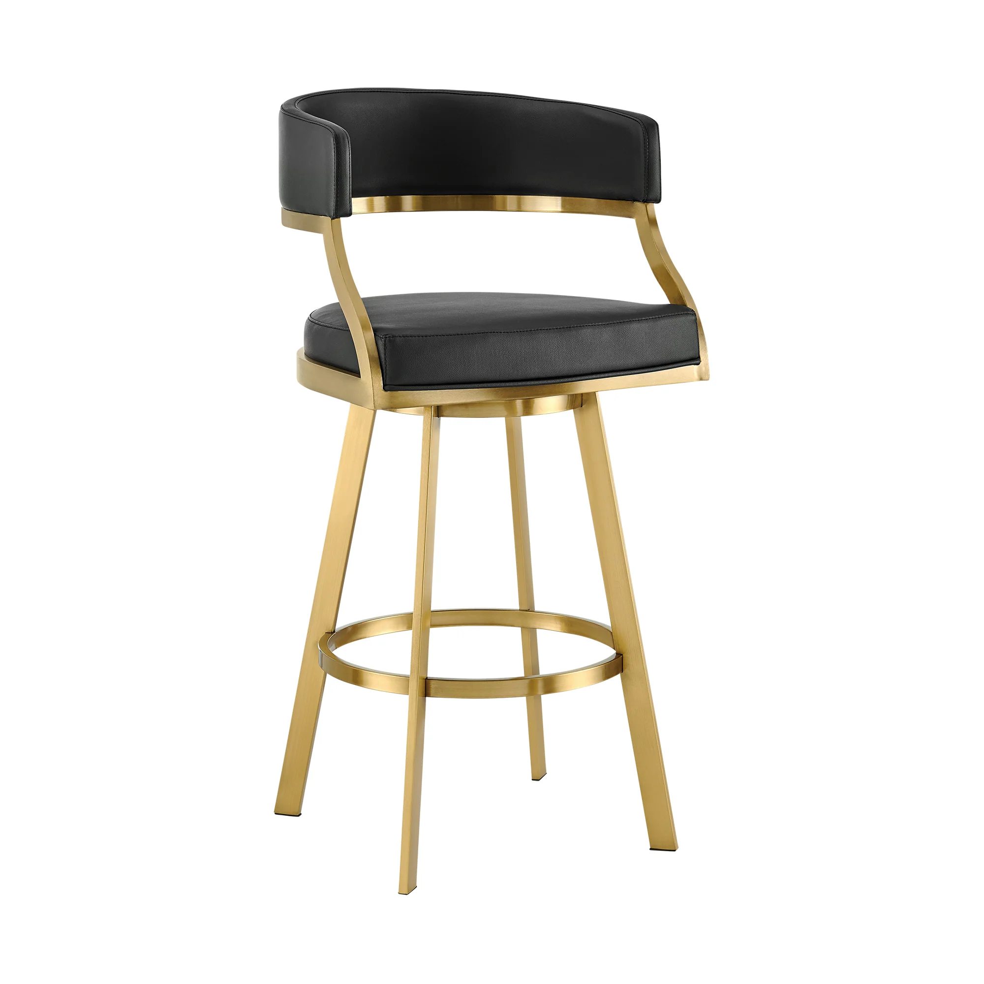 Saturn 30" Swivel Bar Stool with Gold Brushed Stainless Steel and Black Faux Leather By Armen Living - Image 2