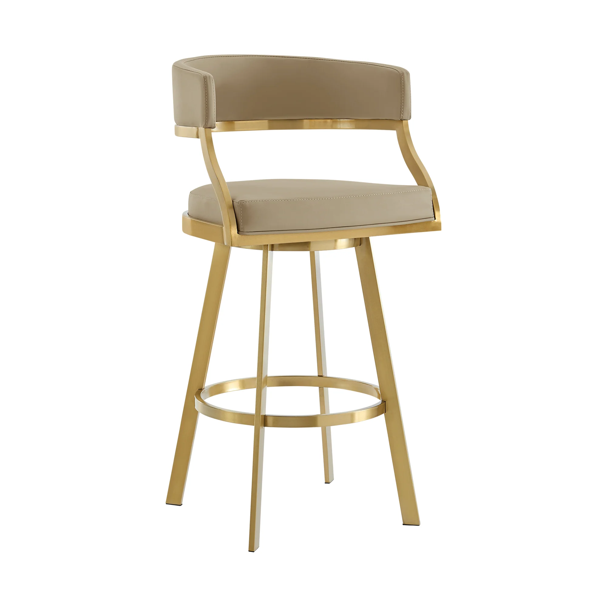 Saturn 30" Swivel Bar Stool with Gold Brushed Stainless Steel and Light Sand Faux Leather By Armen Living - Image 2