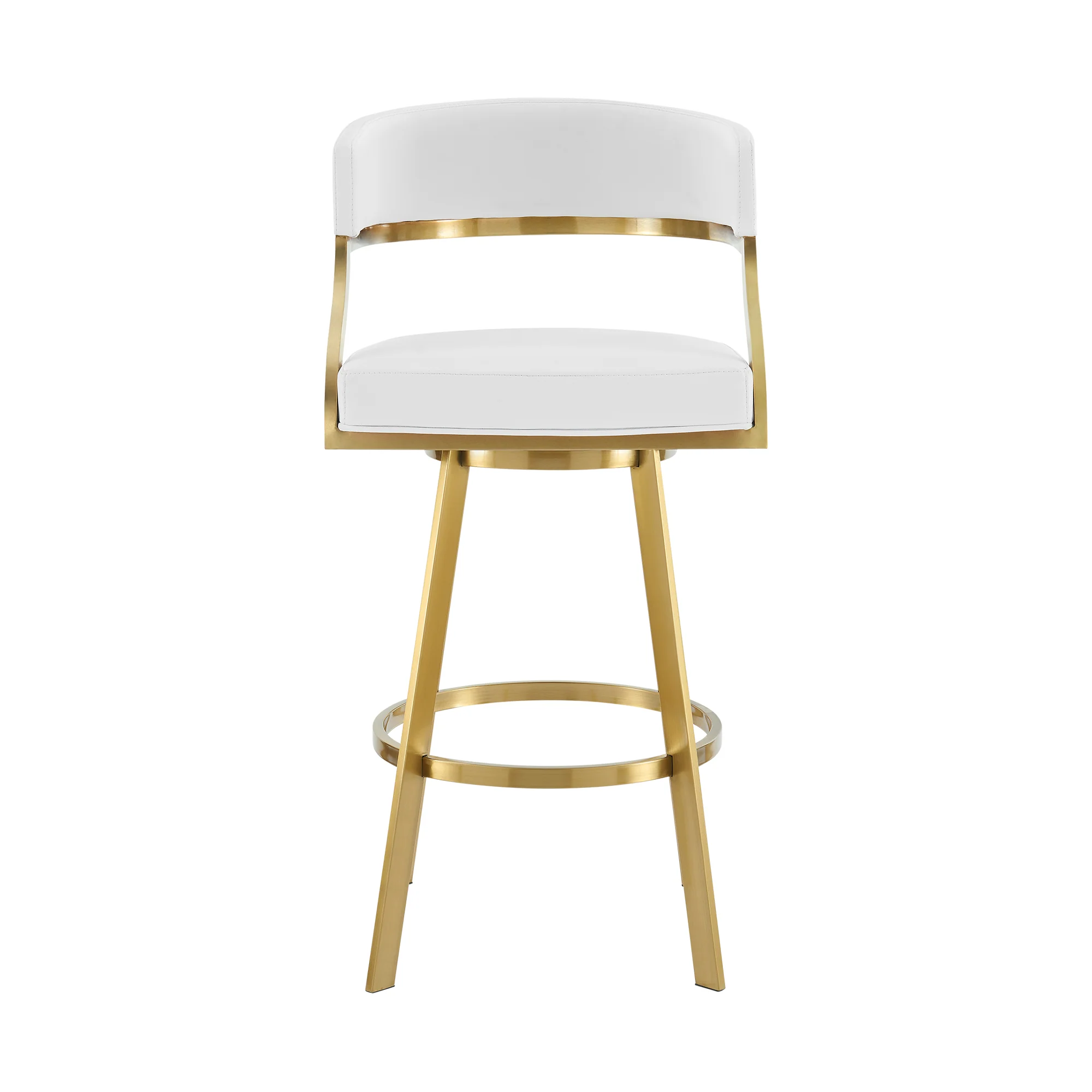 Saturn 30" Swivel Bar Stool with Gold Brushed Stainless Steel and White Faux Leather By Armen Living - Image 3