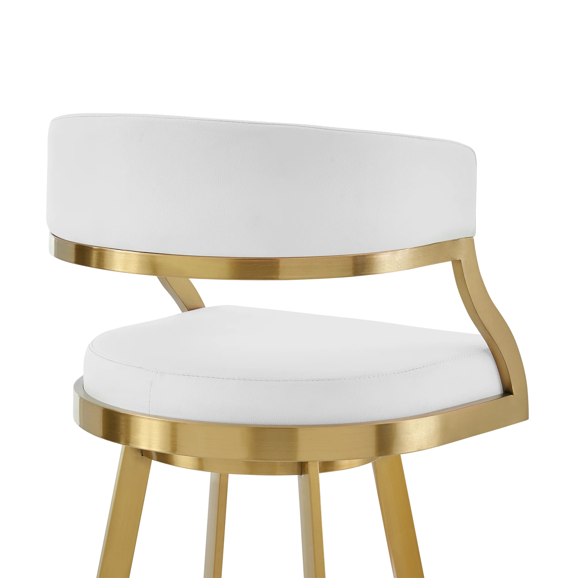 Saturn 30" Swivel Bar Stool with Gold Brushed Stainless Steel and White Faux Leather By Armen Living - Image 6