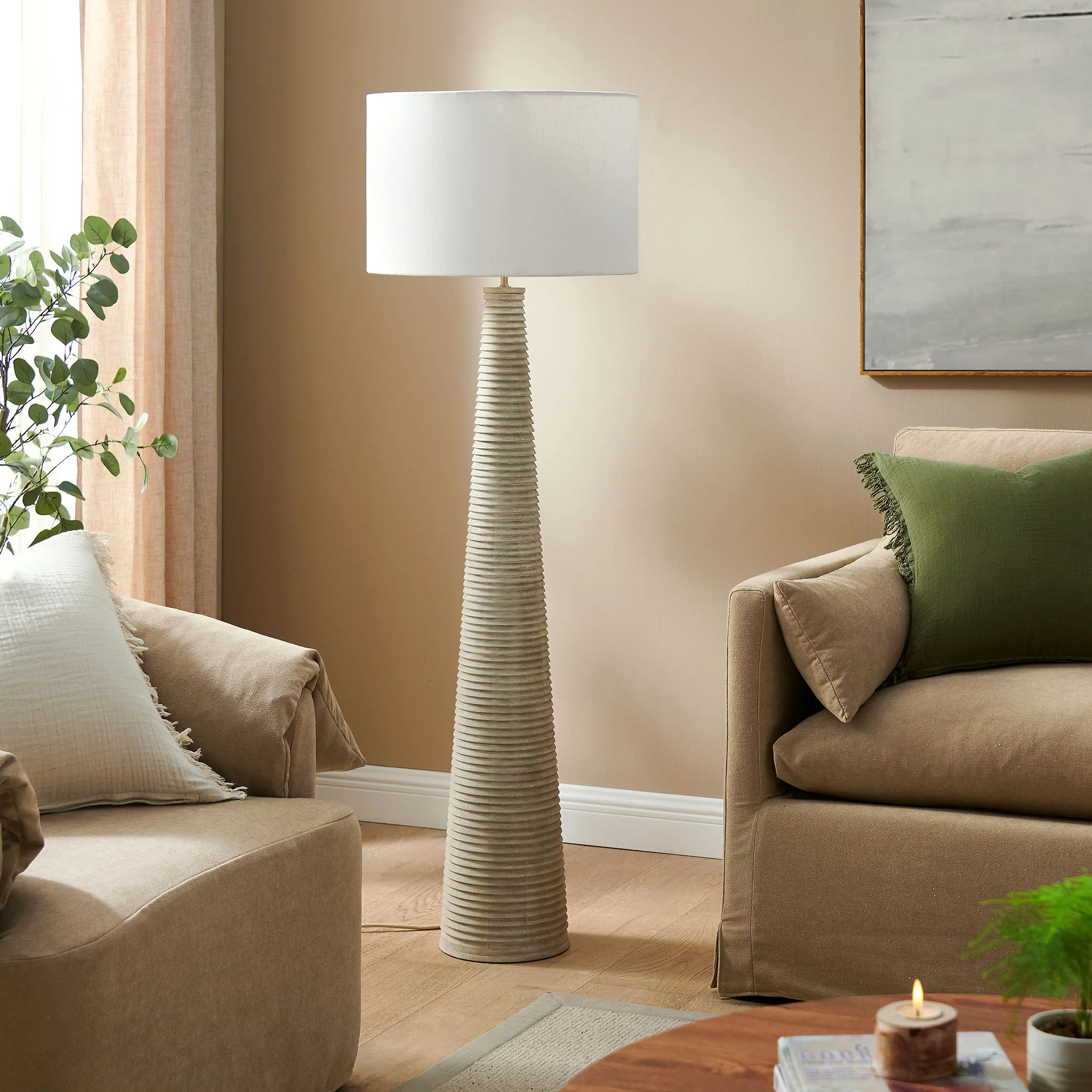Saylor Carved Ribbed Wood Floor Lamp With Drum Shade by Modway - Image 8