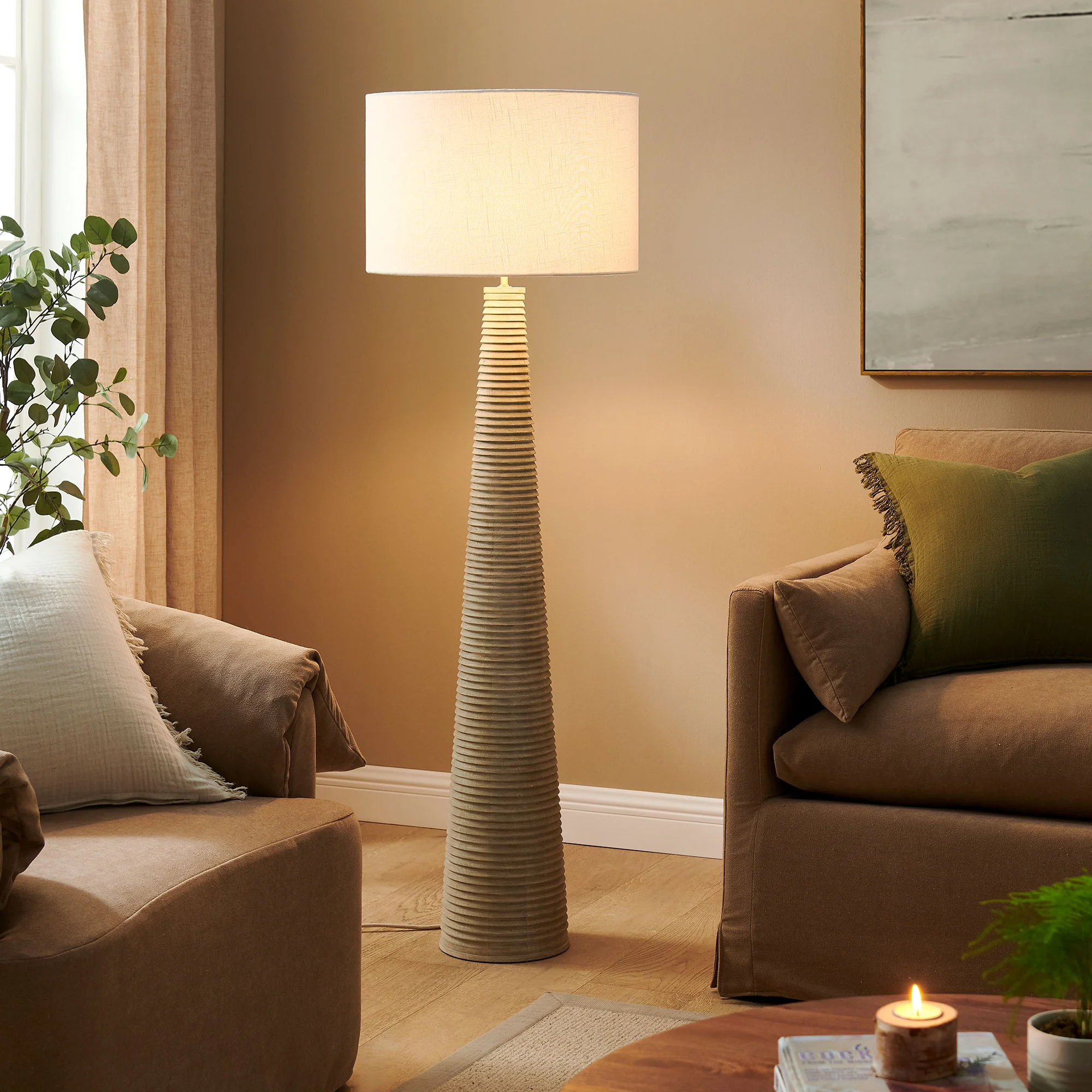 Saylor Carved Ribbed Wood Floor Lamp With Drum Shade by Modway - Image 9