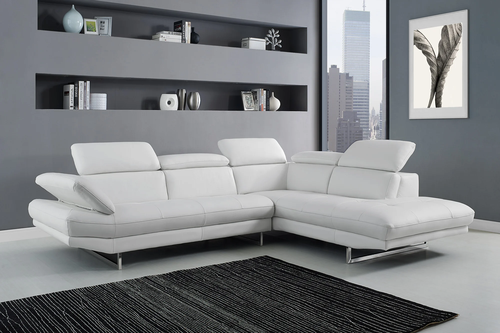 Sectional Chaise On Right When Facing White Top Grain Italian Leather Adjustable Headrest Couch By Homeroots - Image 3