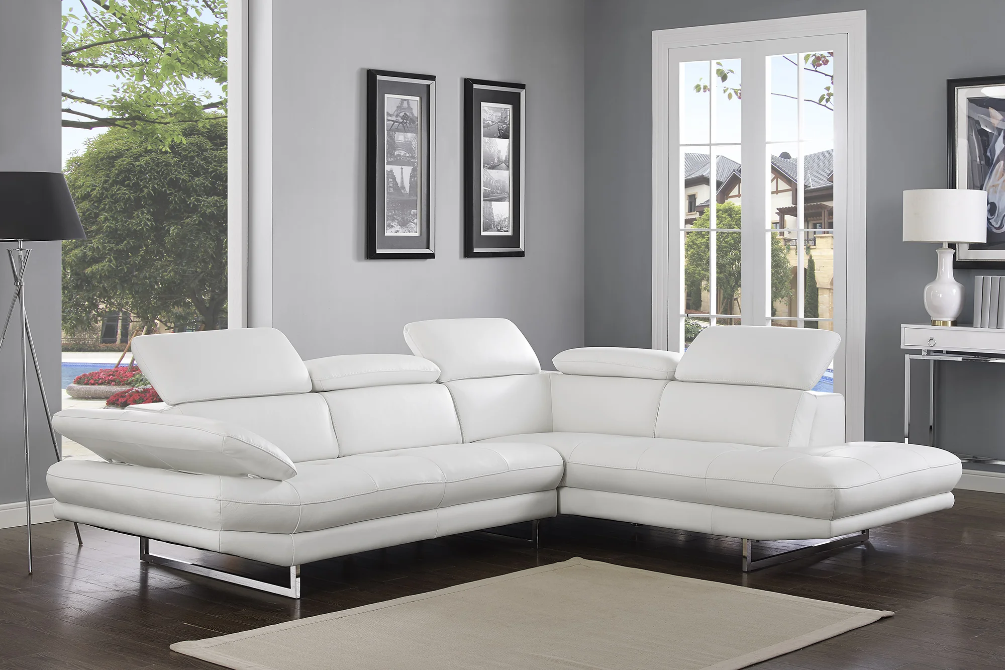 Sectional Chaise On Right When Facing White Top Grain Italian Leather Adjustable Headrest Couch By Homeroots - Image 5
