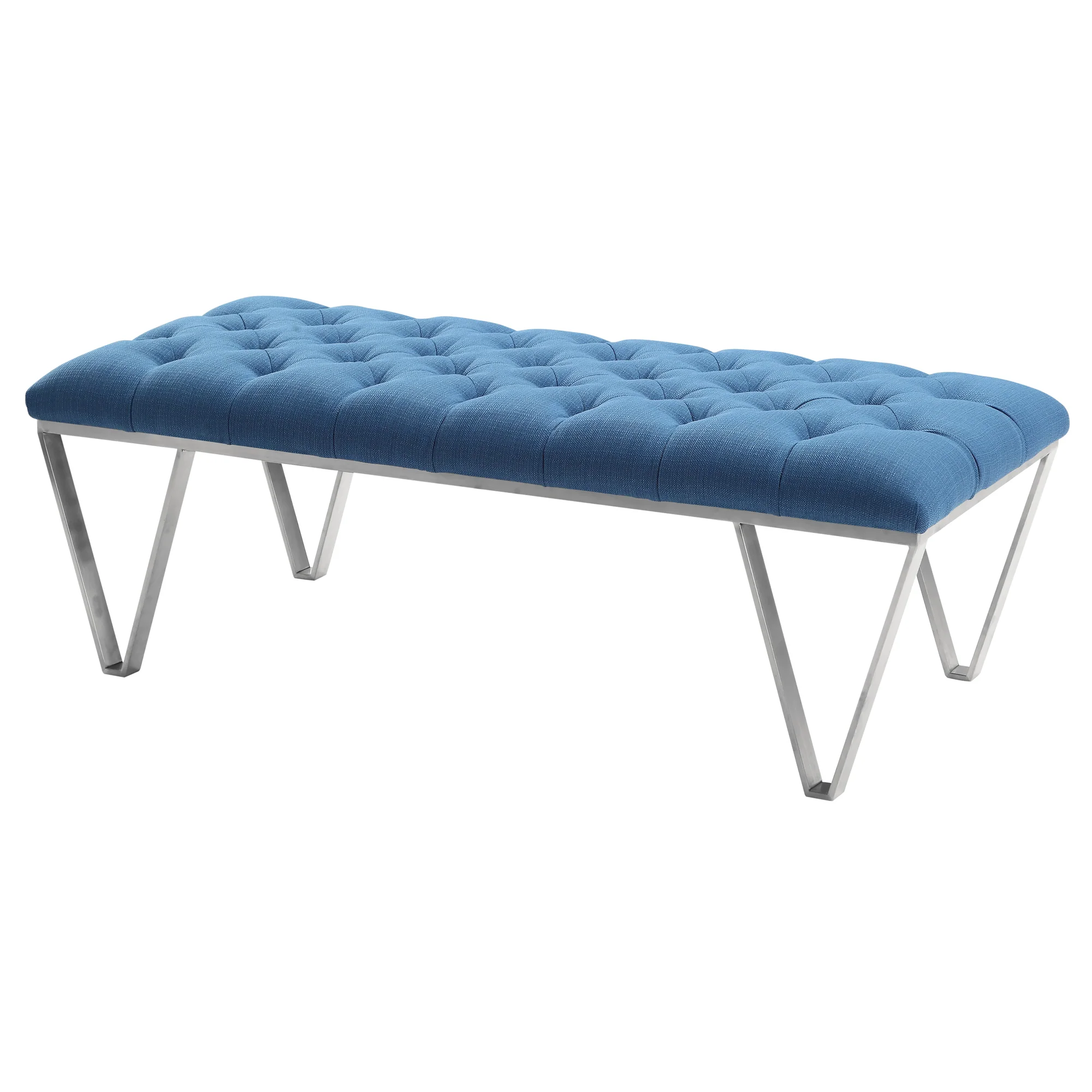 Serene Contemporary Tufted Bench in Brushed Stainless Steel with Blue Fabric By Armen Living - Image 2