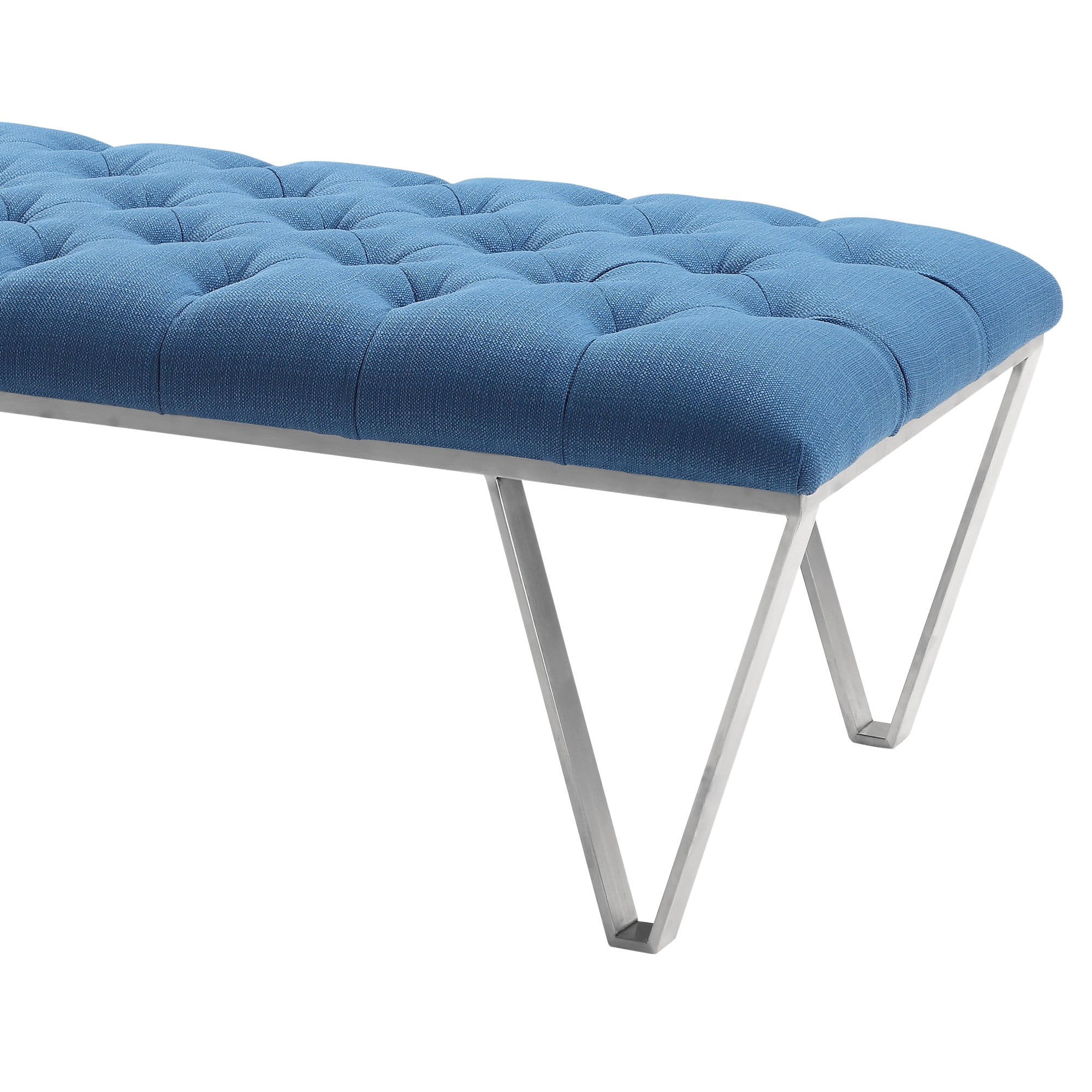 Serene Contemporary Tufted Bench in Brushed Stainless Steel with Blue Fabric By Armen Living - Image 3
