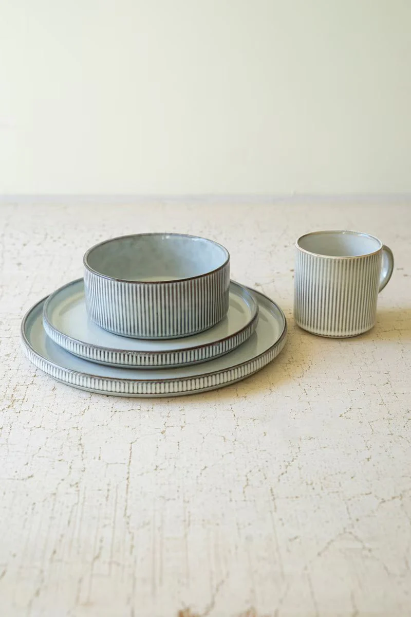 Set 3 Ribbed Light Grey Ceramic Dinner Plate, Salad Plate, Bowl By Kalalou - Image 3