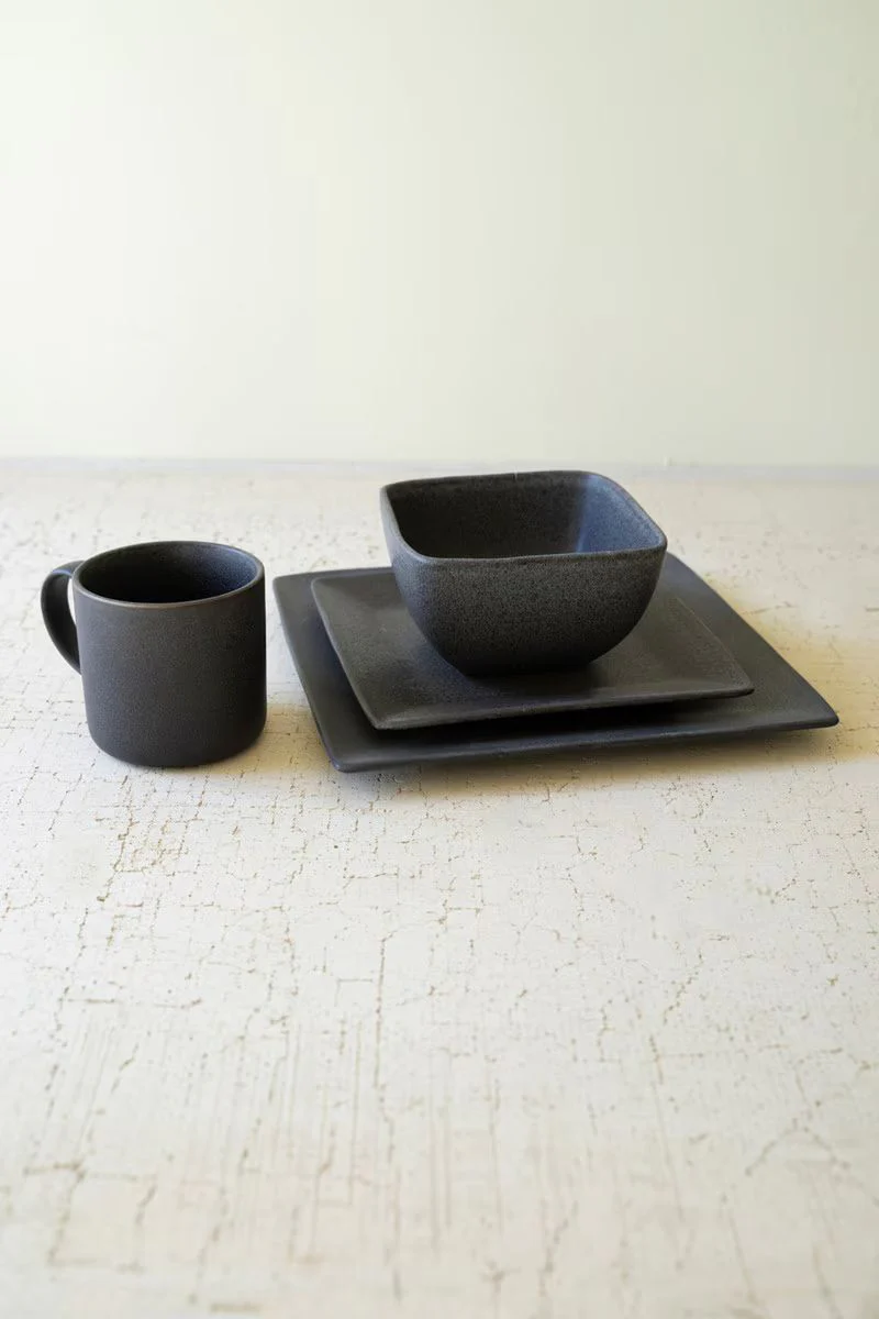 Set 3 Square Graphite Ceramic Dinner Plate, Salad Plate, Bowl By Kalalou - Image 2