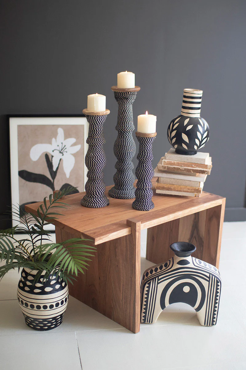 Set 3 Wooden Candle Holders With Black & White String By Kalalou - Image 2
