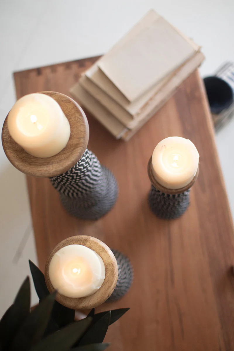 Set 3 Wooden Candle Holders With Black & White String By Kalalou - Image 3