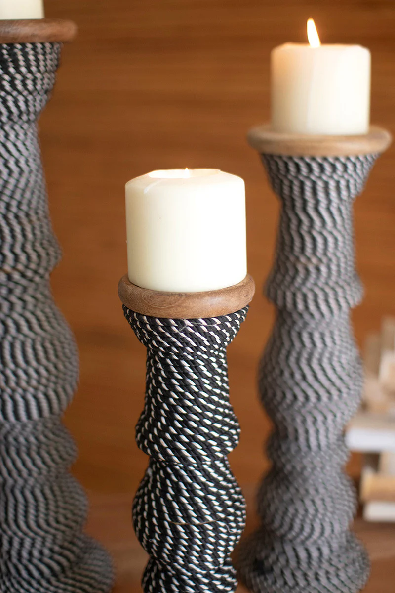 Set 3 Wooden Candle Holders With Black & White String By Kalalou - Image 4