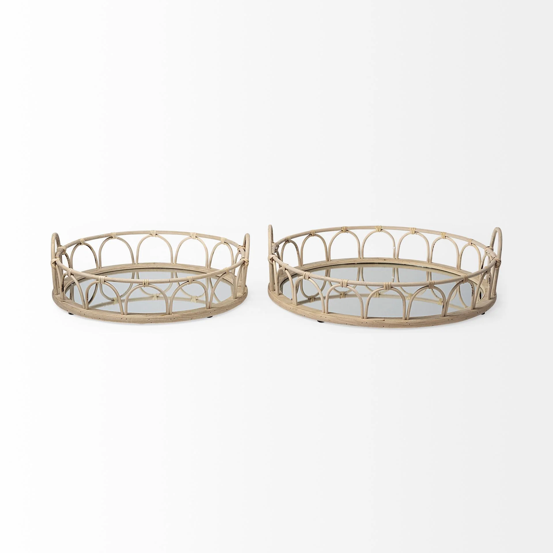 Set Of 2 20' Natural Blonde Wood With Intricately Railings And Mirrored Glass Bottom Round Tray By Homeroots - Image 2