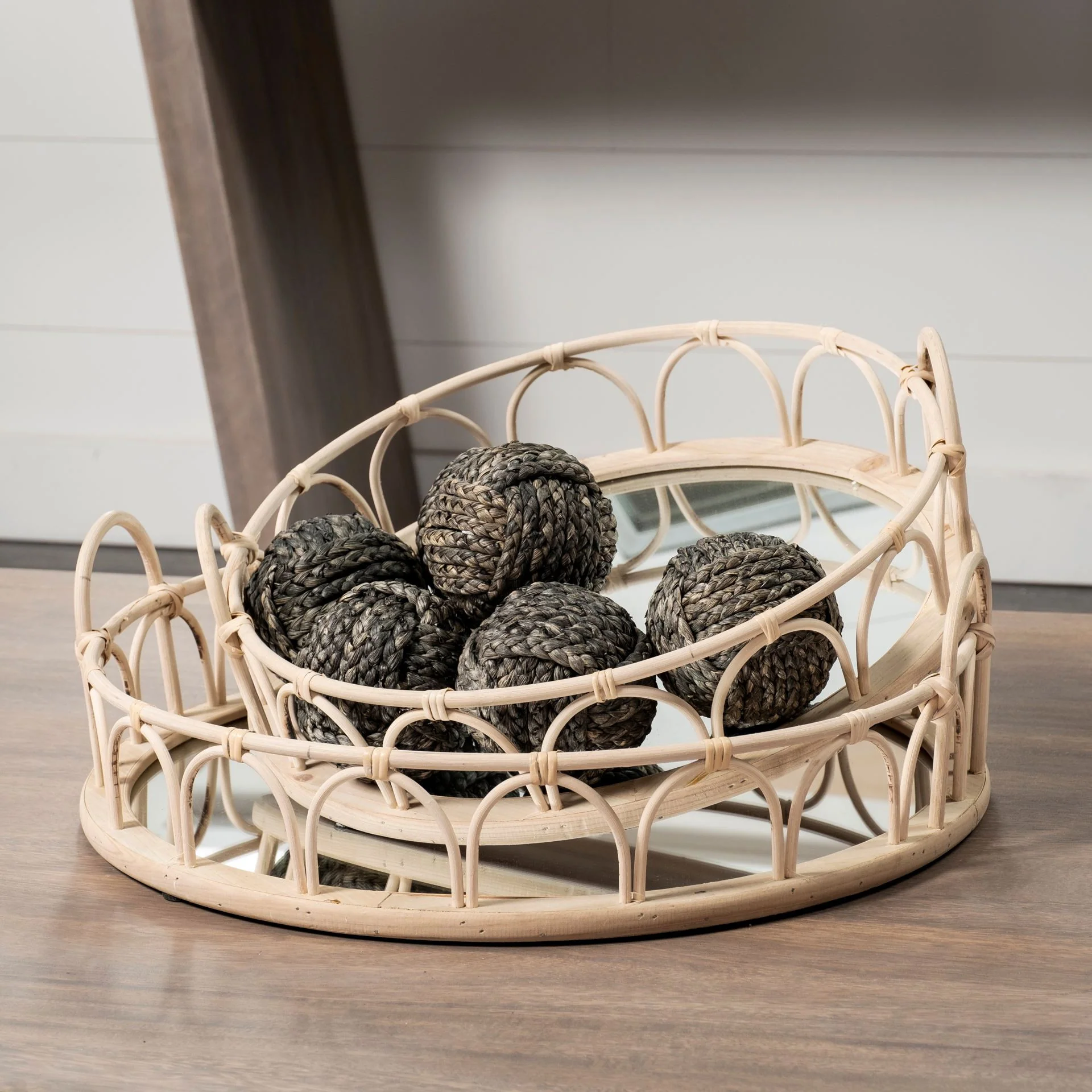 Set Of 2 20' Natural Blonde Wood With Intricately Railings And Mirrored Glass Bottom Round Tray By Homeroots - Image 6