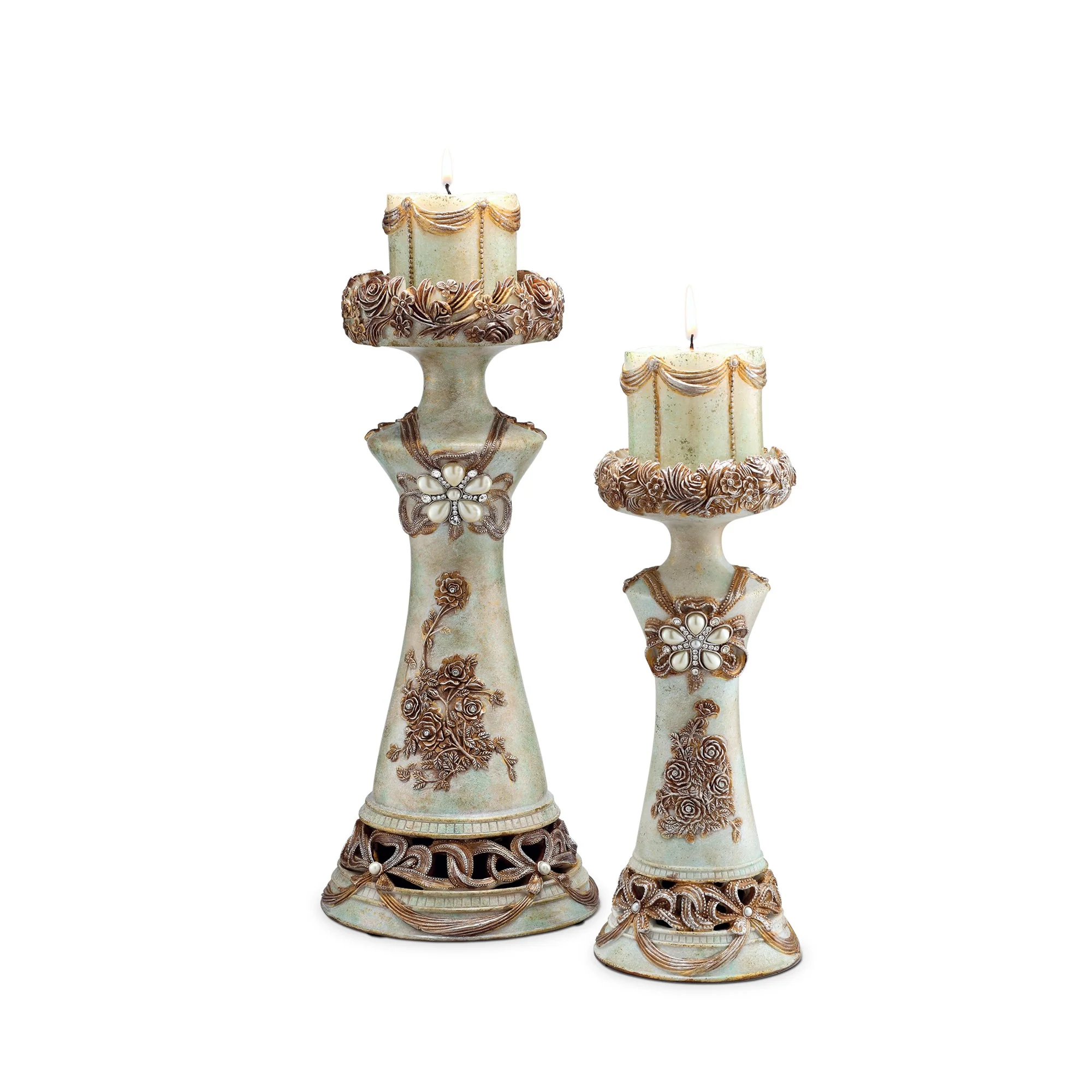 Set of 2 Beige And Brown Vintage Pillar Tabletop Candle Holders By Homeroots - Image 2