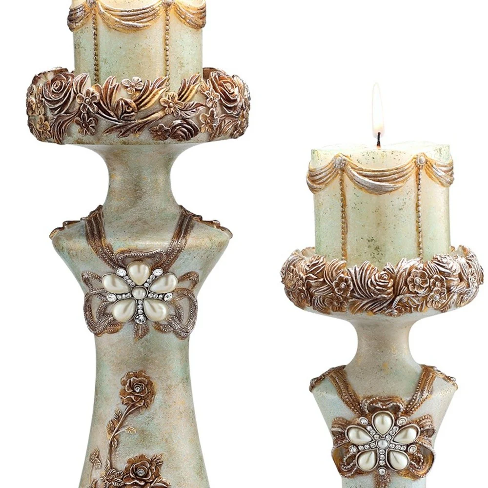 Set of 2 Beige And Brown Vintage Pillar Tabletop Candle Holders By Homeroots - Image 4