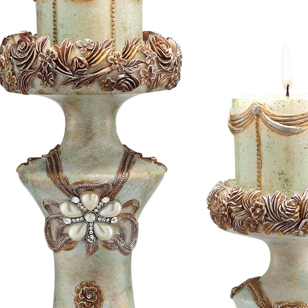 Set of 2 Beige And Brown Vintage Pillar Tabletop Candle Holders By Homeroots - Image 5