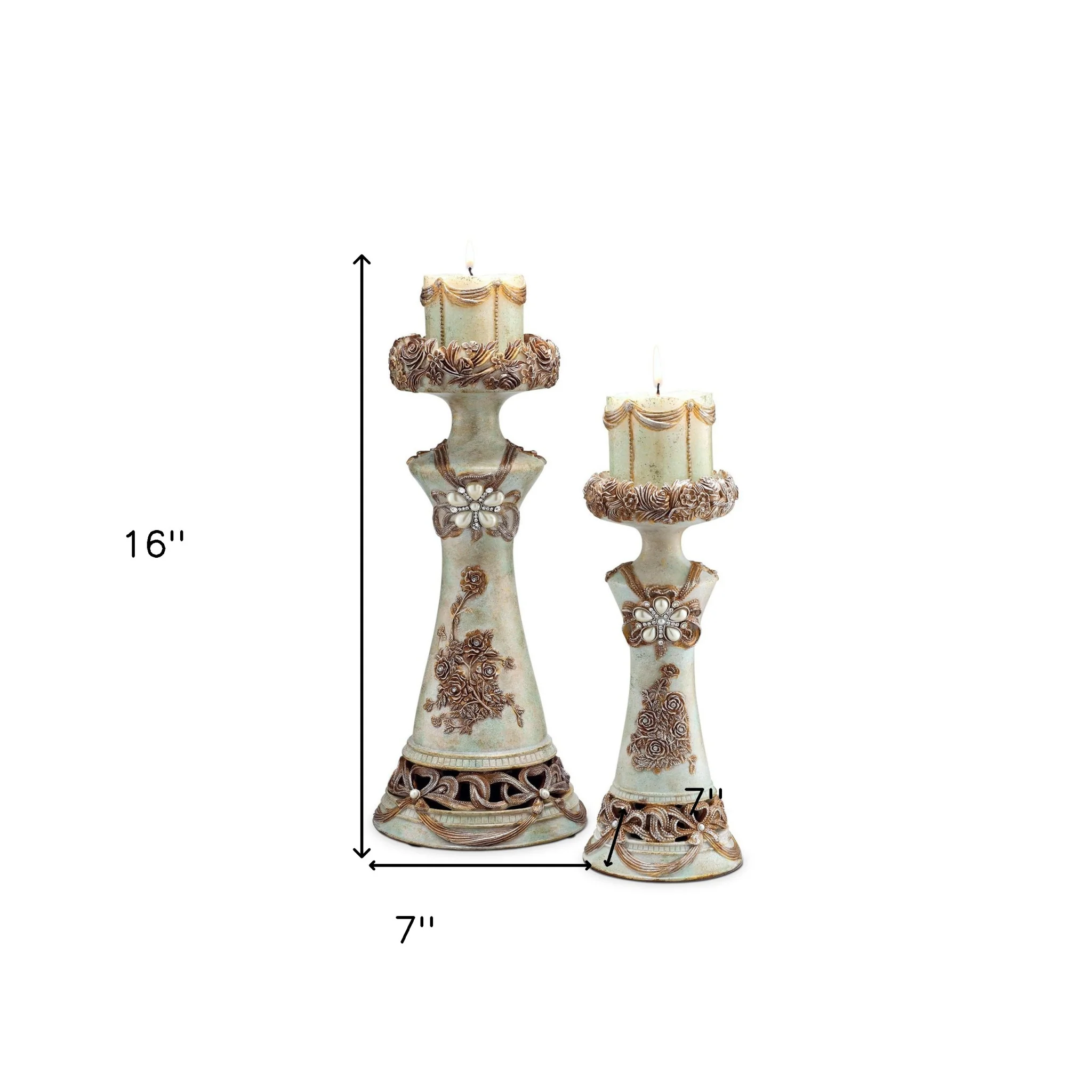 Set of 2 Beige And Brown Vintage Pillar Tabletop Candle Holders By Homeroots - Image 6