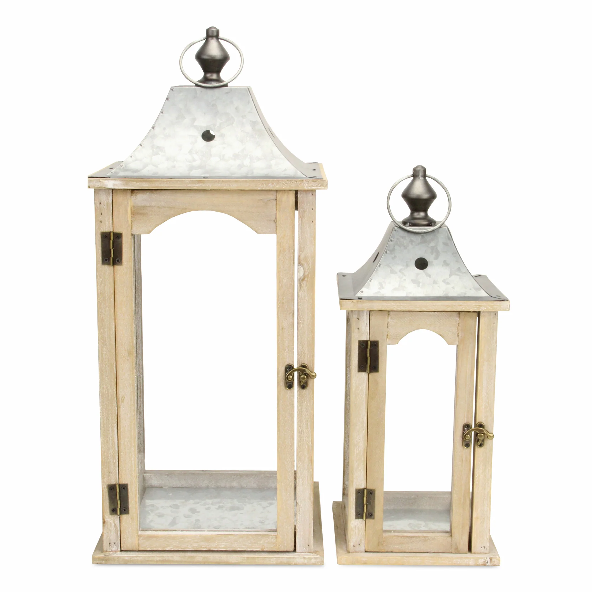Set of 2 Brown Wood finished Frame Glass and Metal Top Lanterns By Homeroots - Image 3
