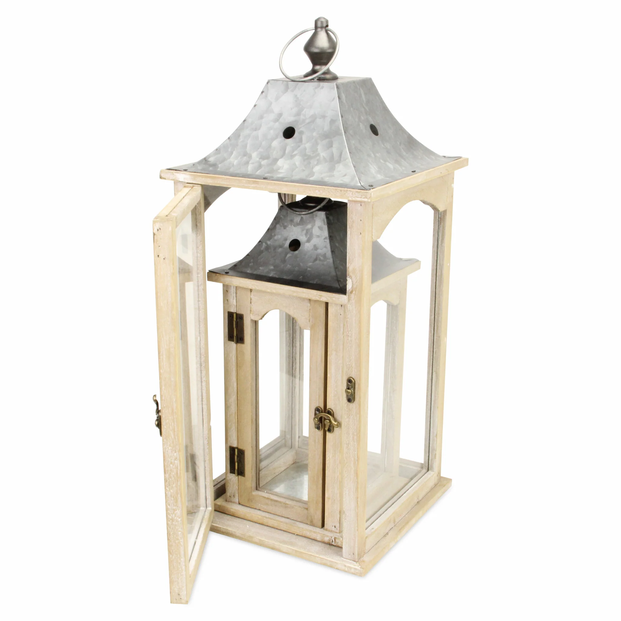 Set of 2 Brown Wood finished Frame Glass and Metal Top Lanterns By Homeroots - Image 4