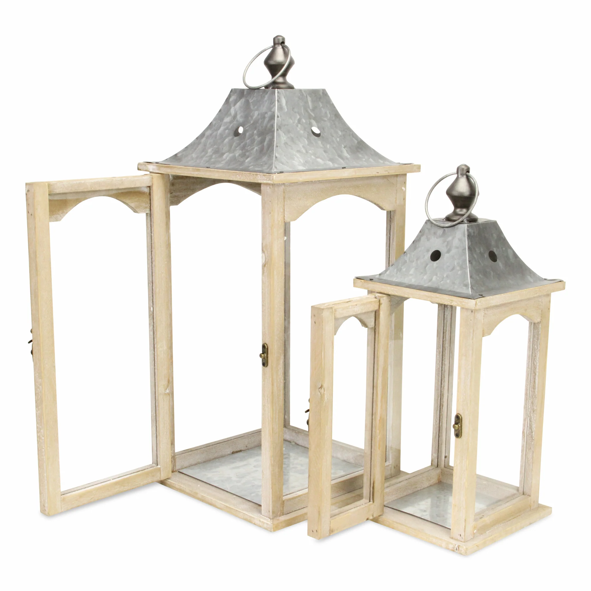 Set of 2 Brown Wood finished Frame Glass and Metal Top Lanterns By Homeroots - Image 5