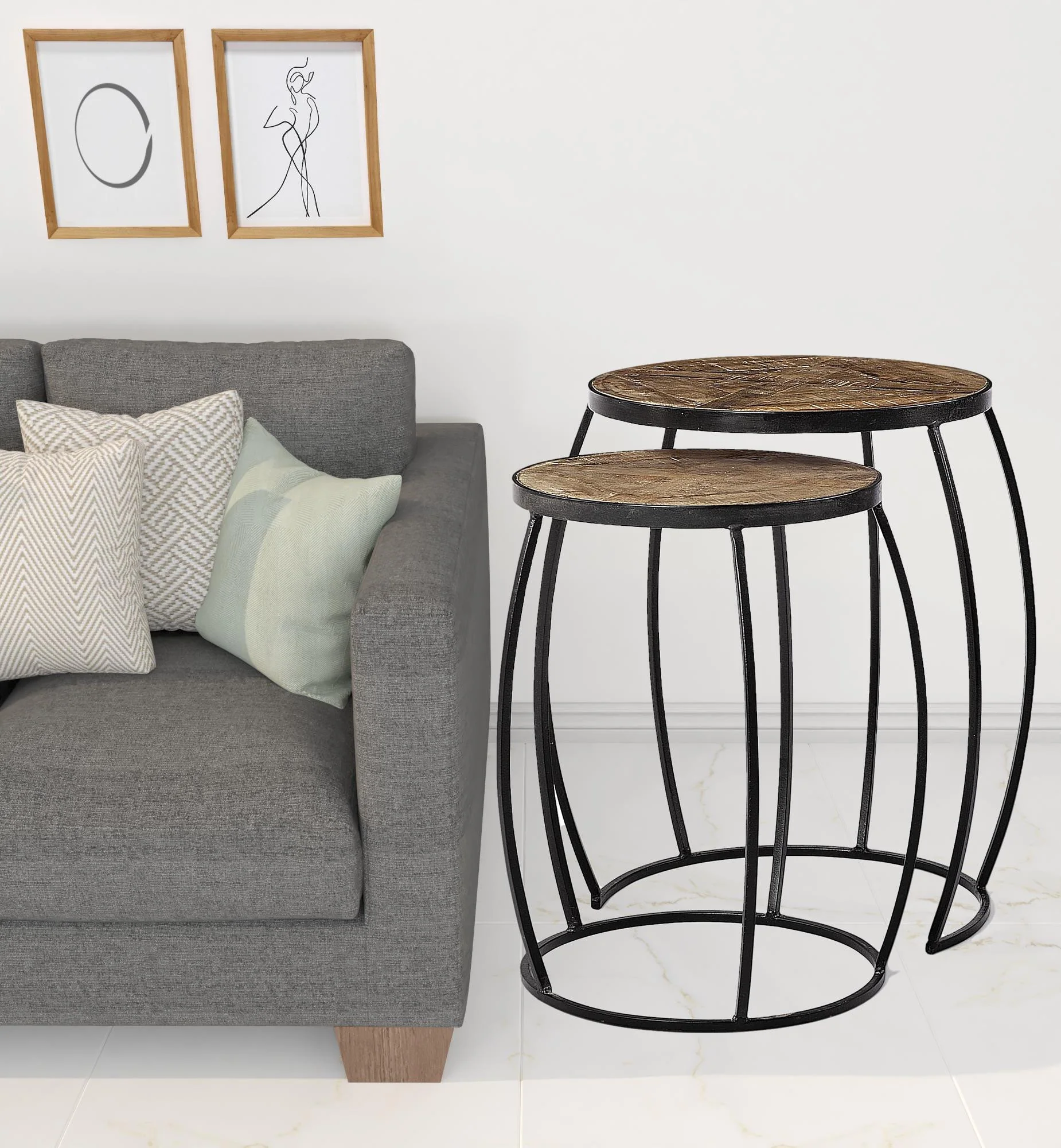 Set of 2 Brown Wooden Round Top Accent Tables with Black Metal Frame Nesting By Homeroots - Image 6