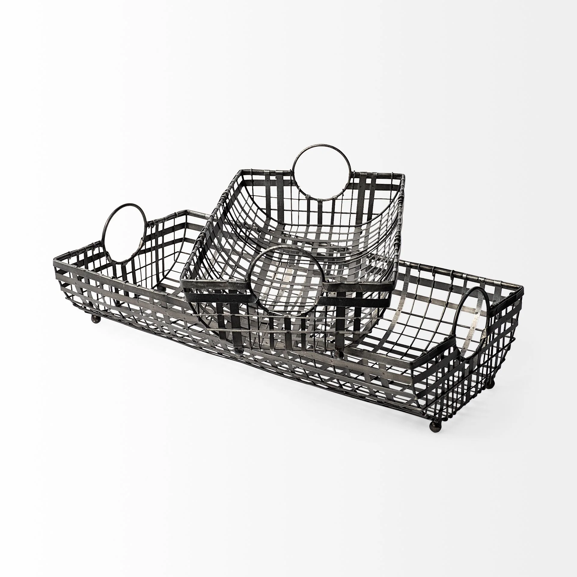 Set Of 2 Gray Metal With Circle Handle Trays By Homeroots - Image 2