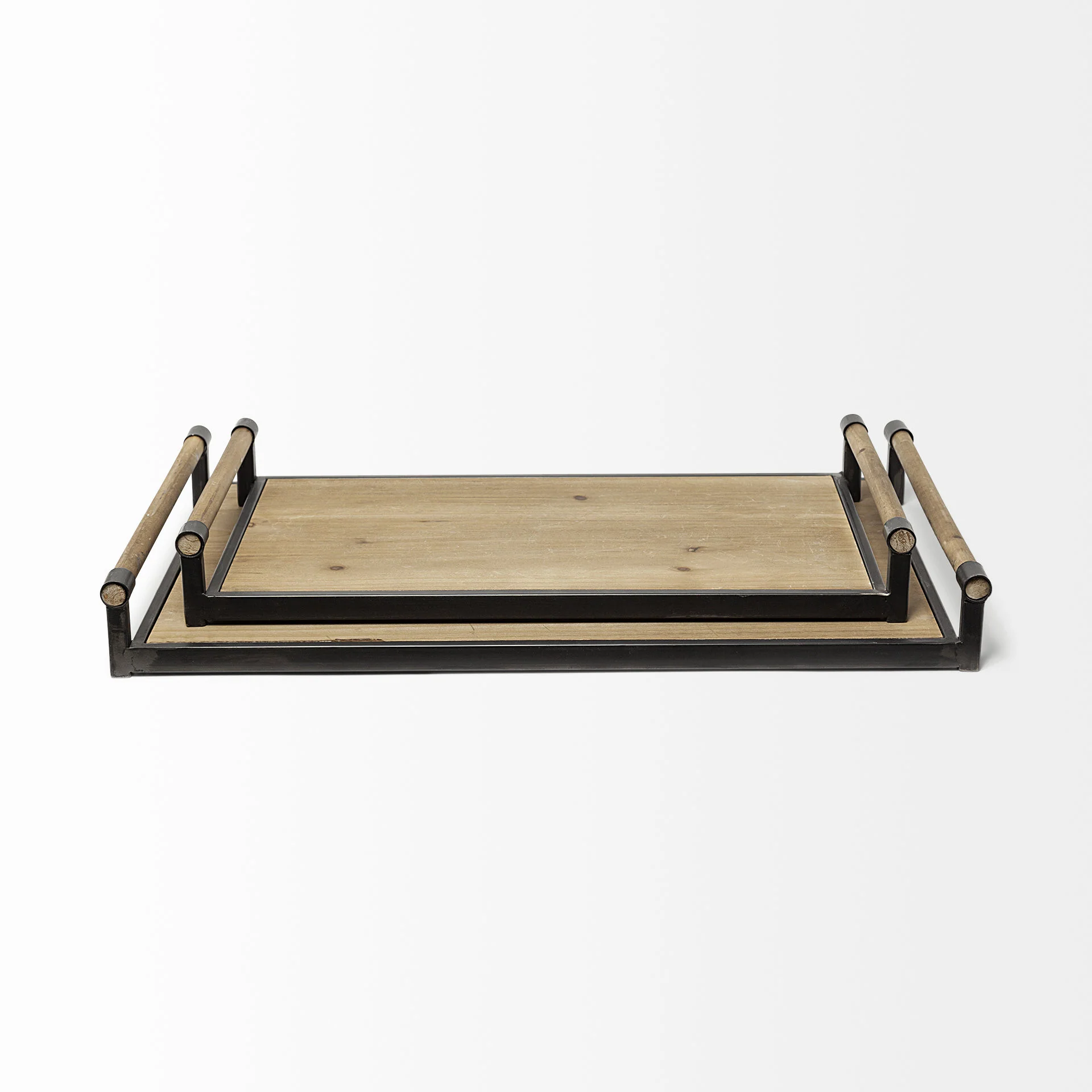 Set Of 2 Light Brown Wood With Matte Black Metal Frame And Two Handles Trays By Homeroots - Image 2
