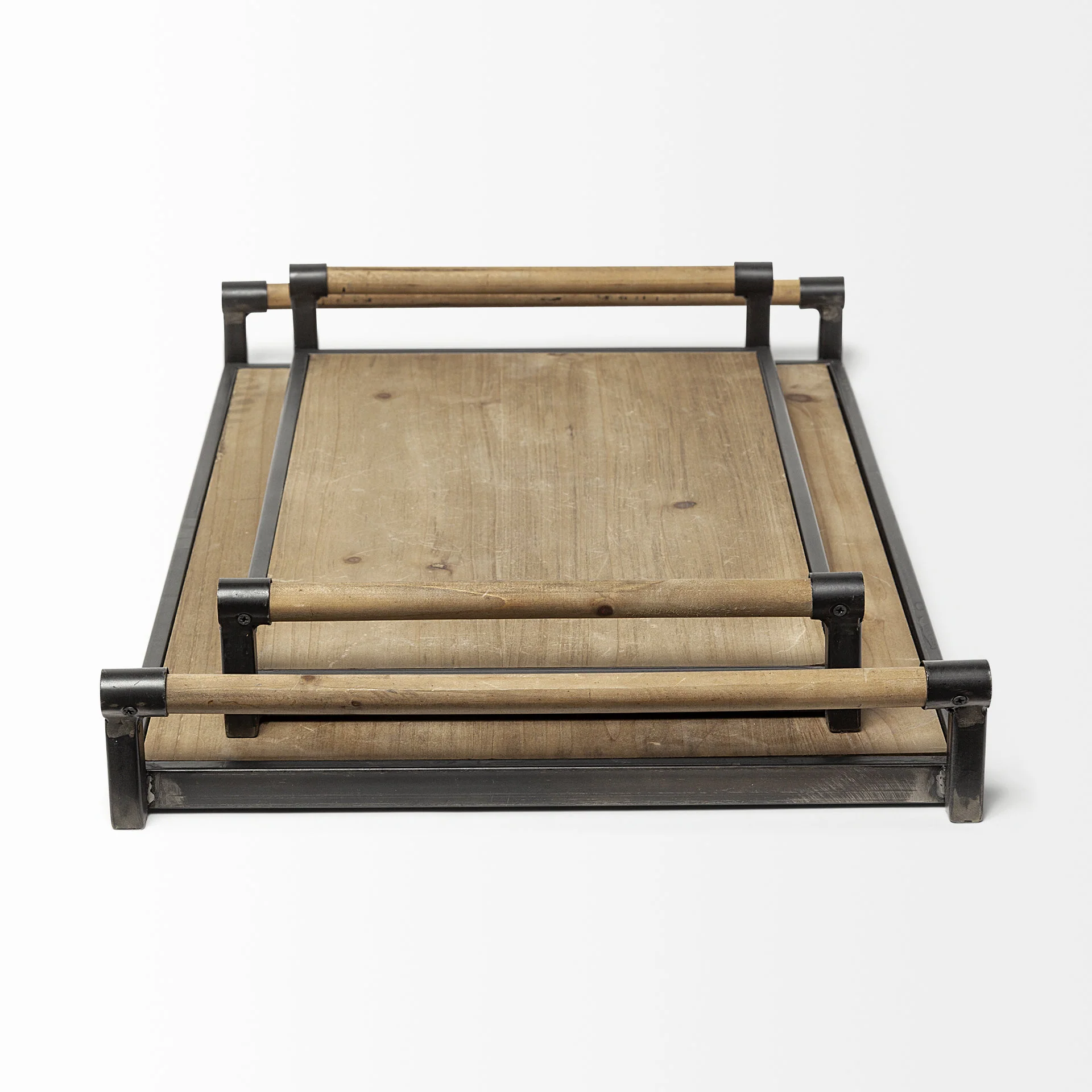 Set Of 2 Light Brown Wood With Matte Black Metal Frame And Two Handles Trays By Homeroots - Image 3