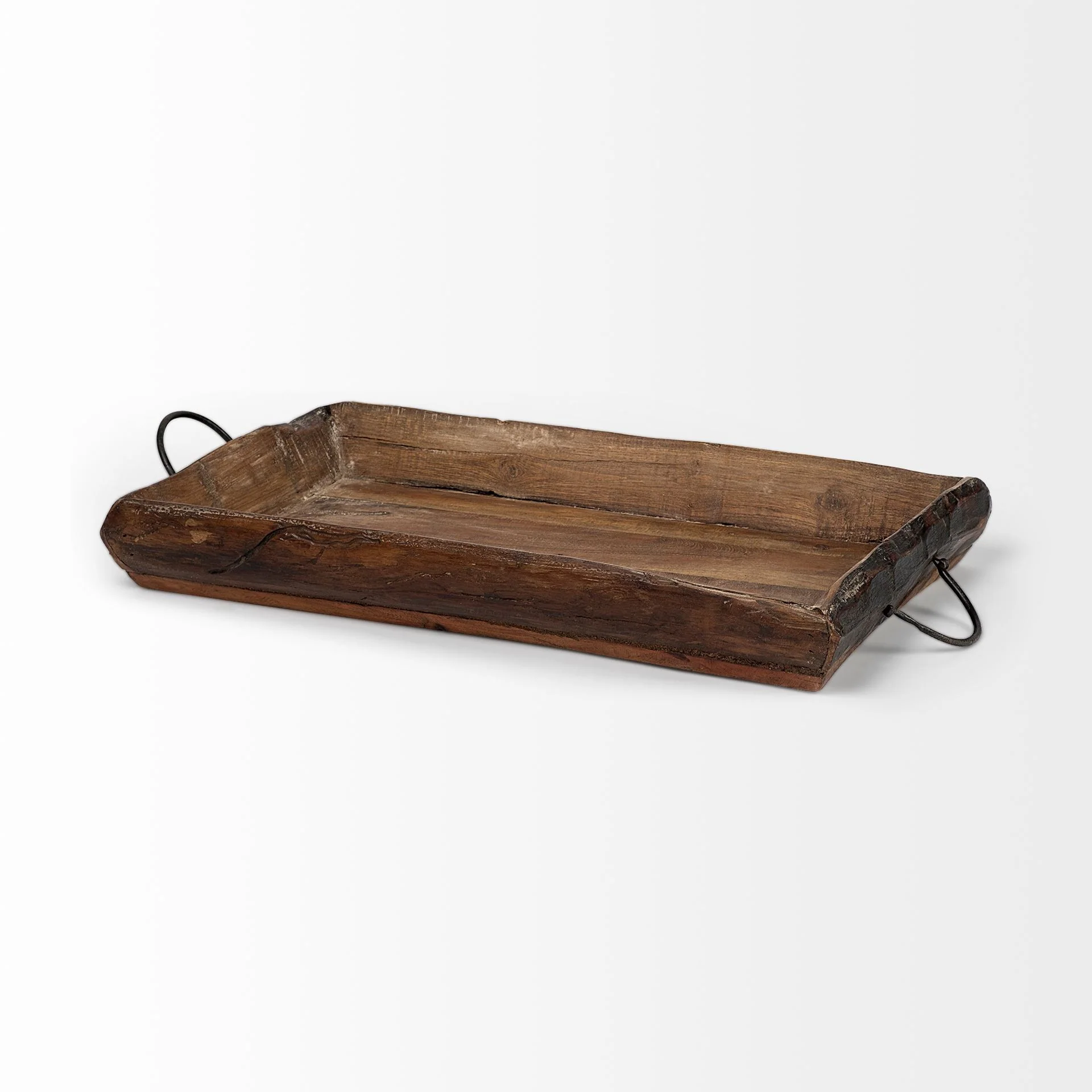 Set Of 2 Medium Brown Recycled Wood With Flaunt Metal Handles Trays By Homeroots - Image 2